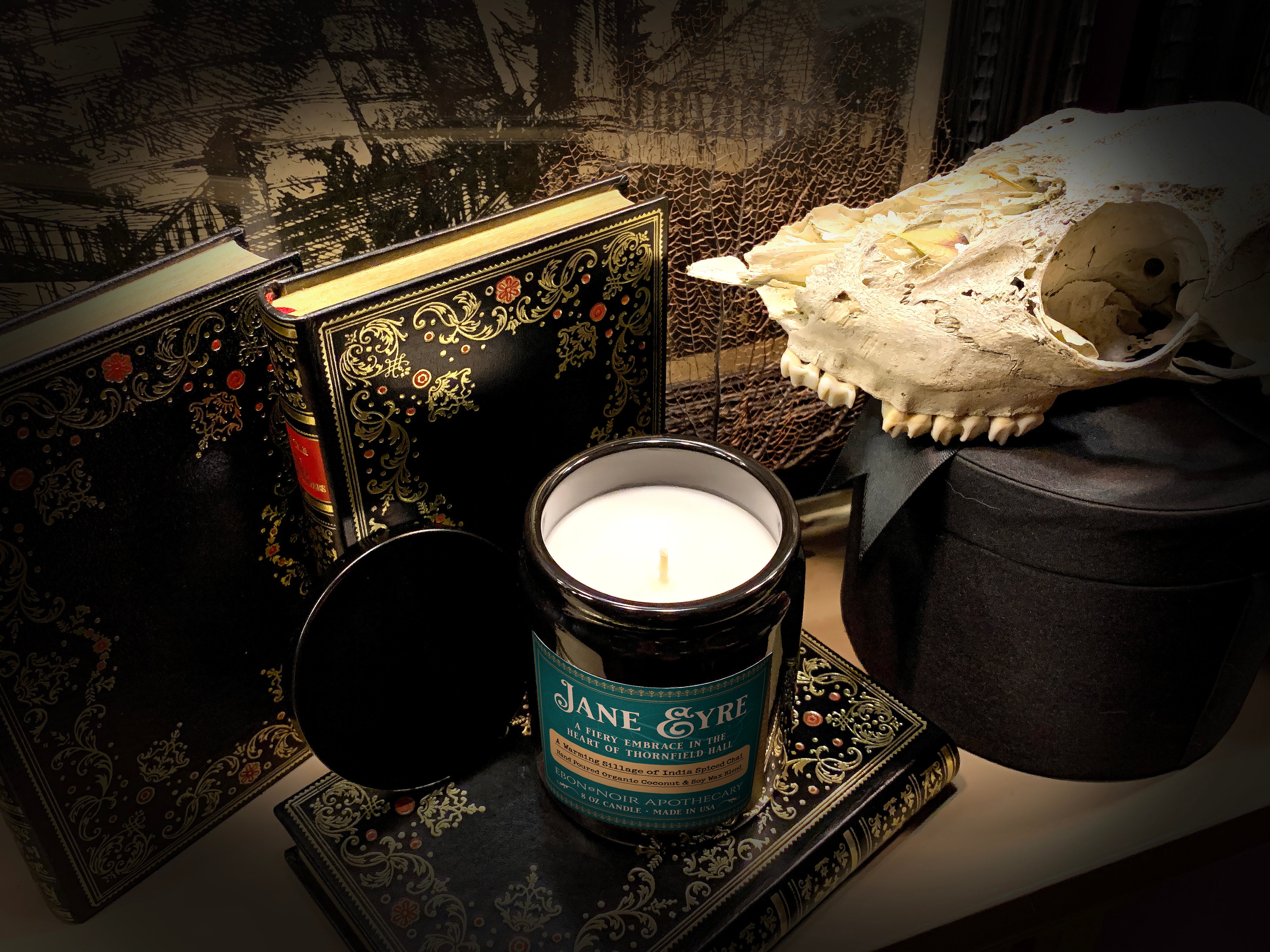 Jane Eyre, Hand-Poured Coconut Soy Wax Candle in an Elegant Black Ceramic Jar, India Spiced Chai Scent, 8oz