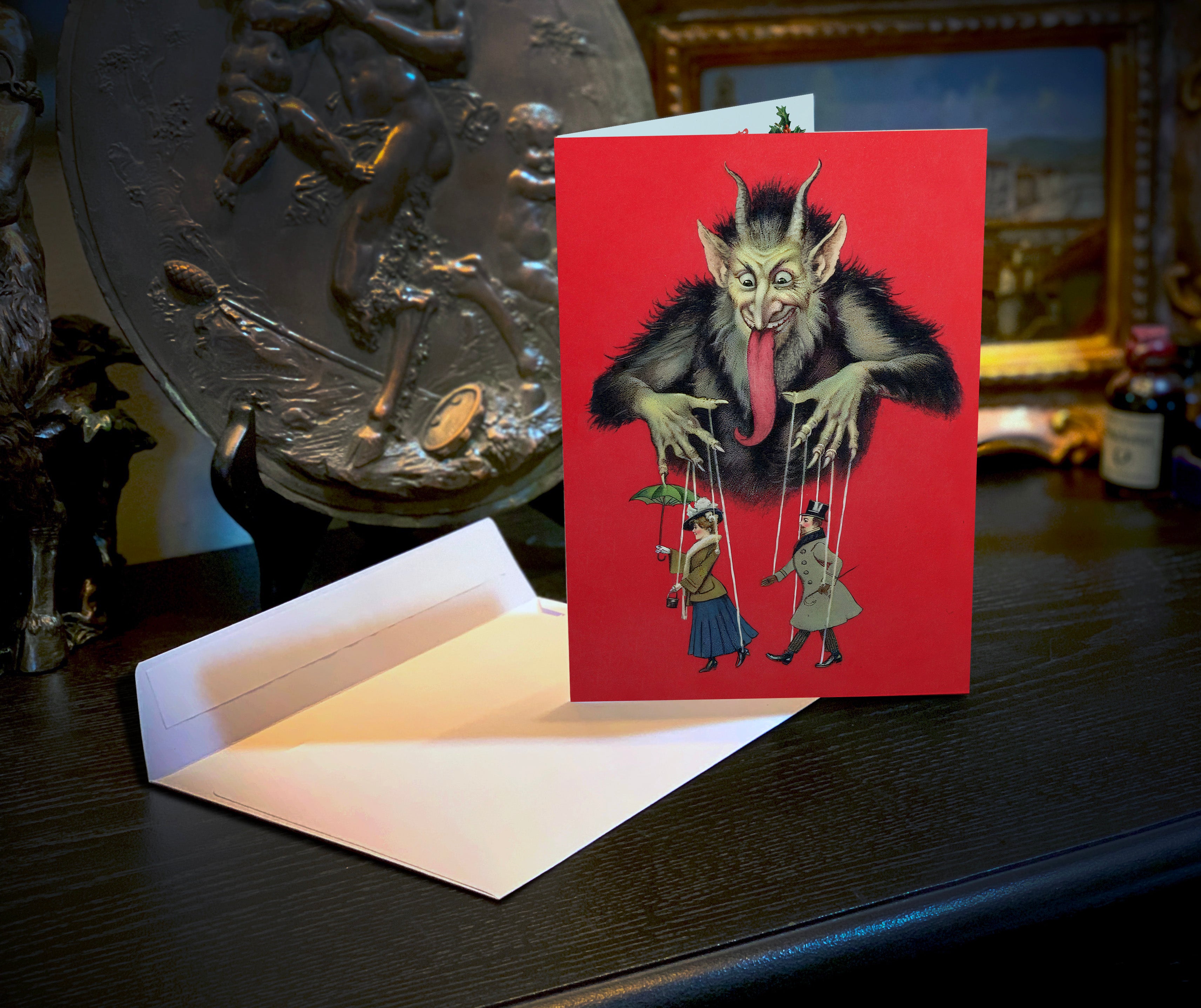 Krampus Puppet Master, Gruss Vom Krampus, Set of Christmas Greeting Cards With White Envelopes, 5in x 7in
