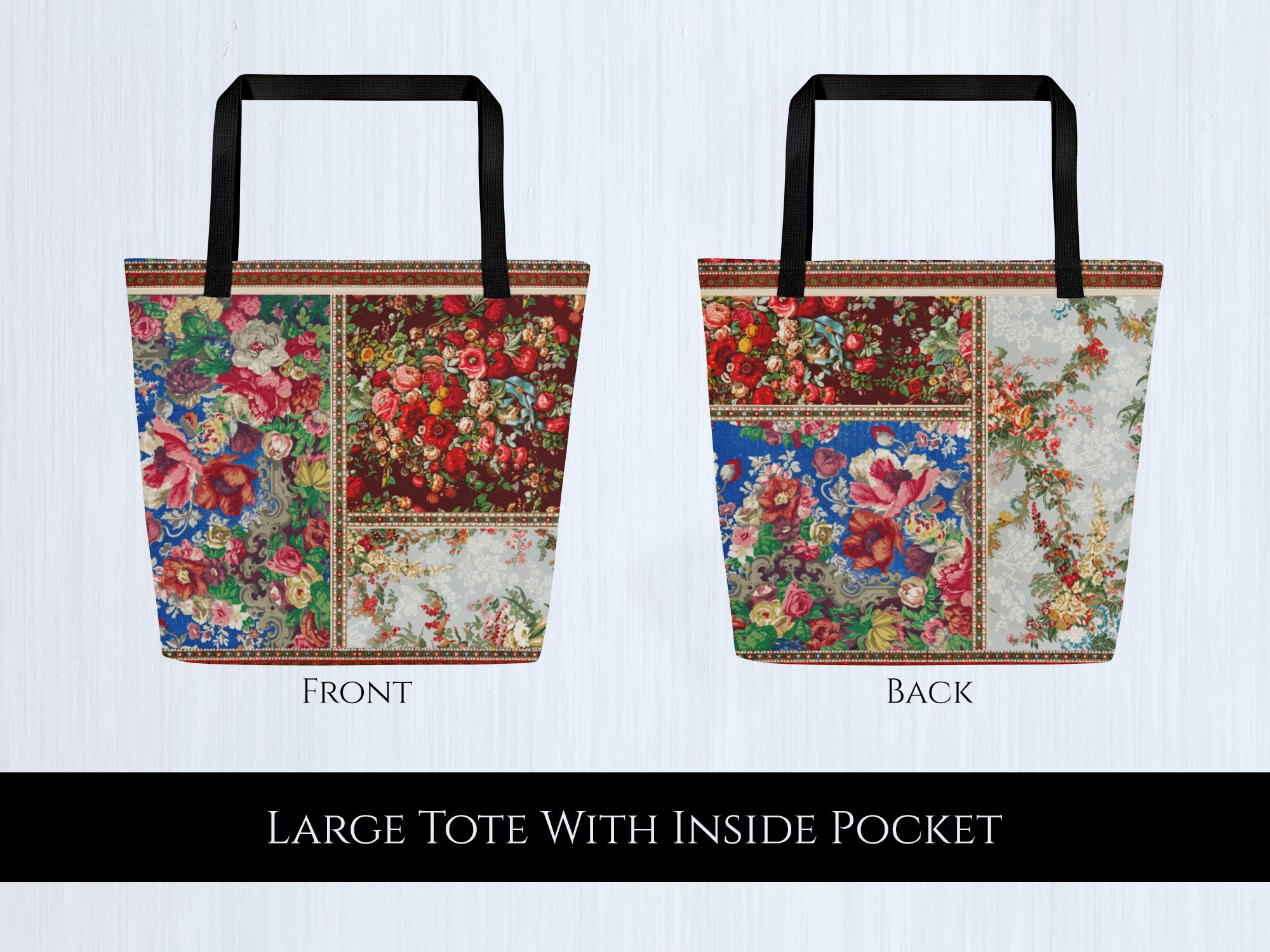 Patchwork Floral, All-Over Print Large Tote Bag, Perfect for Work, School, Gym, and the Beach, 16in x 20in