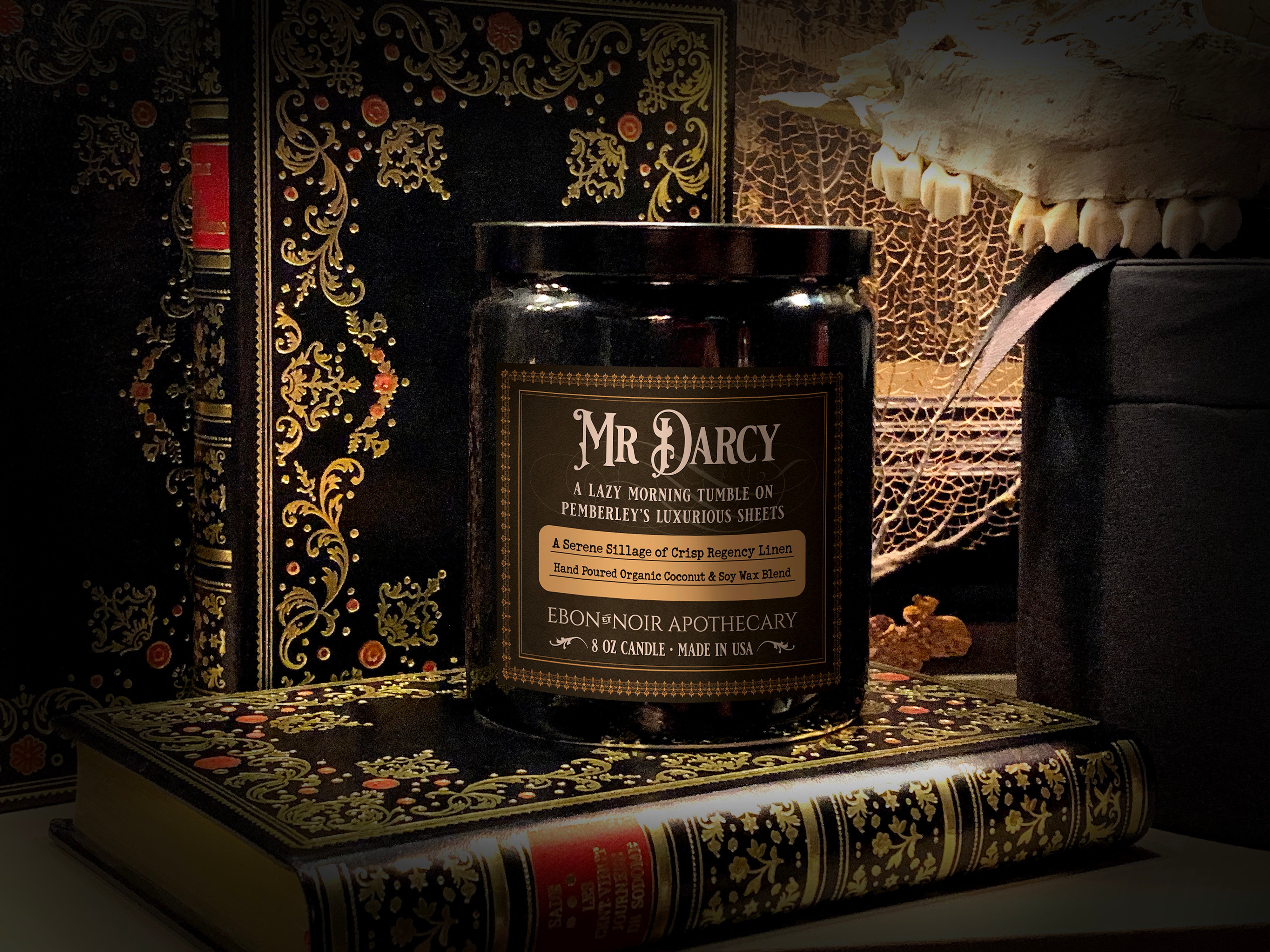 Mister Darcy, Hand-Poured Coconut Soy Wax Candle in an Elegant Black Ceramic Jar, Crisp Regency Linen Scent, 8oz