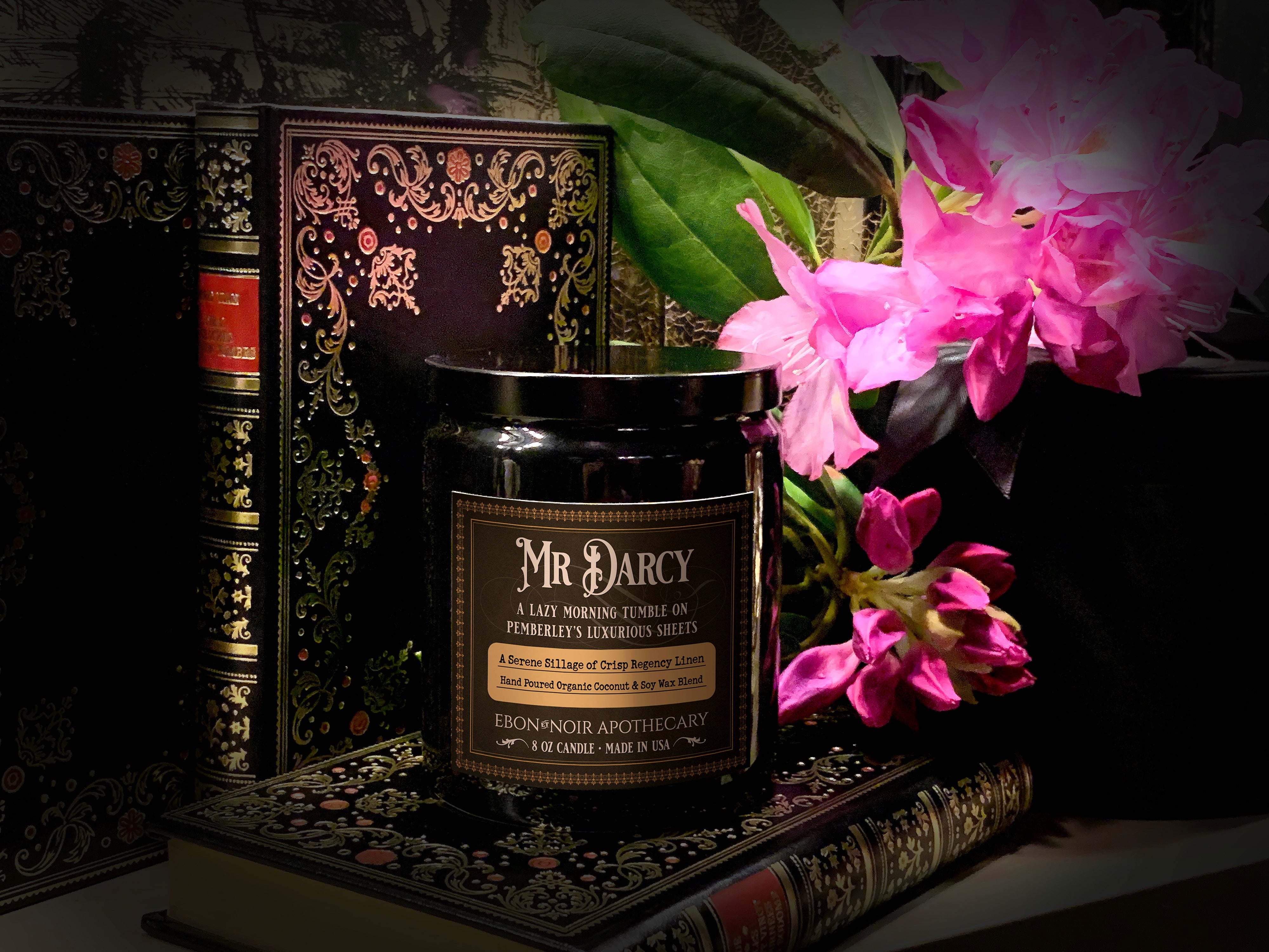 Mister Darcy, Hand-Poured Coconut Soy Wax Candle in an Elegant Black Ceramic Jar, Crisp Regency Linen Scent, 8oz