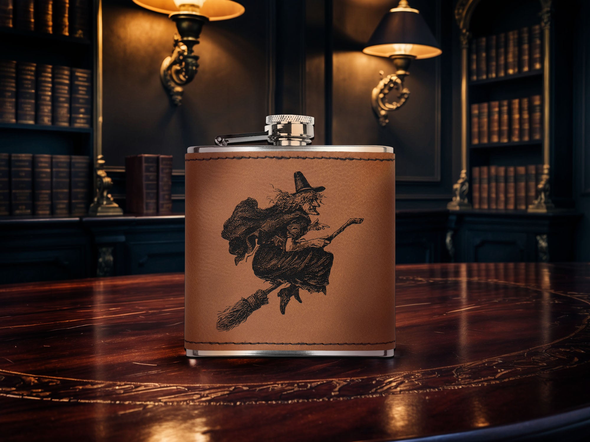 Flying Witch, 6oz Laser Engraved Faux Leather-Wrapped Stainless Steel Flask, Available in Three Finishes