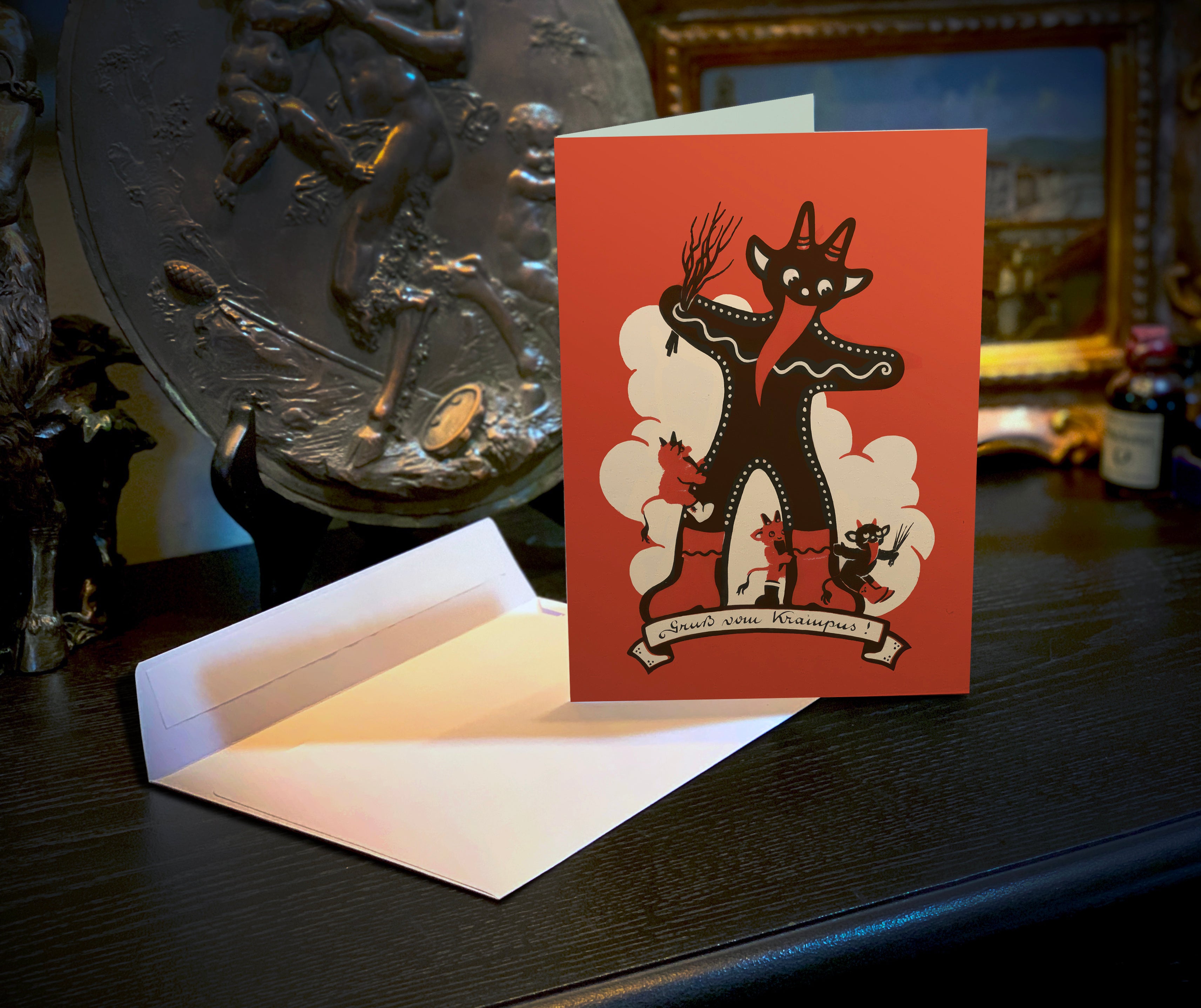 Krampus Gingerbread Man, Gruss Vom Krampus, Set of Christmas Greeting Cards With White Envelopes, 5in x 7in