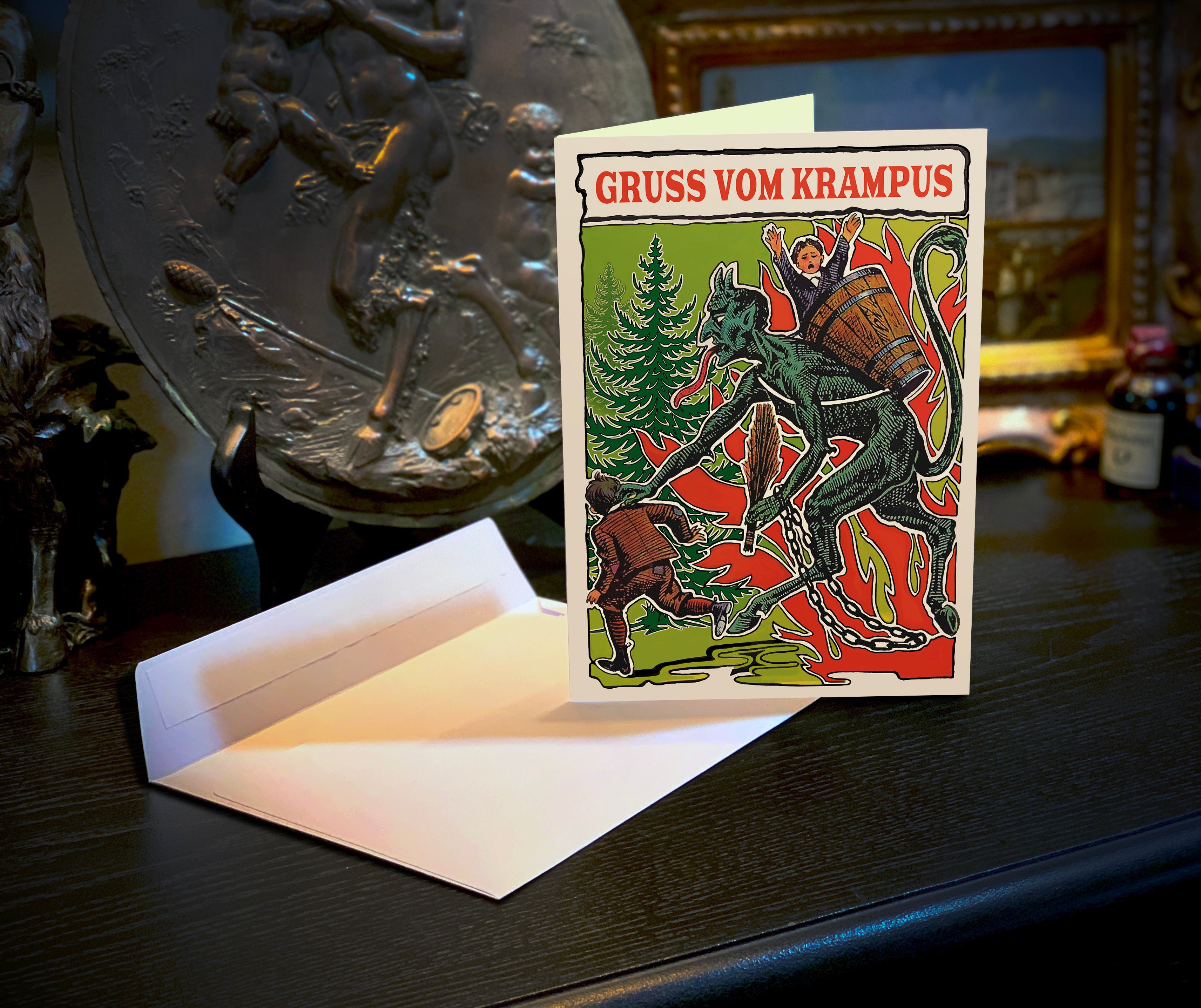 One Down One To Go, Gruss Vom Krampus, Set of Christmas Greeting Cards With White Envelopes, 5in x 7in