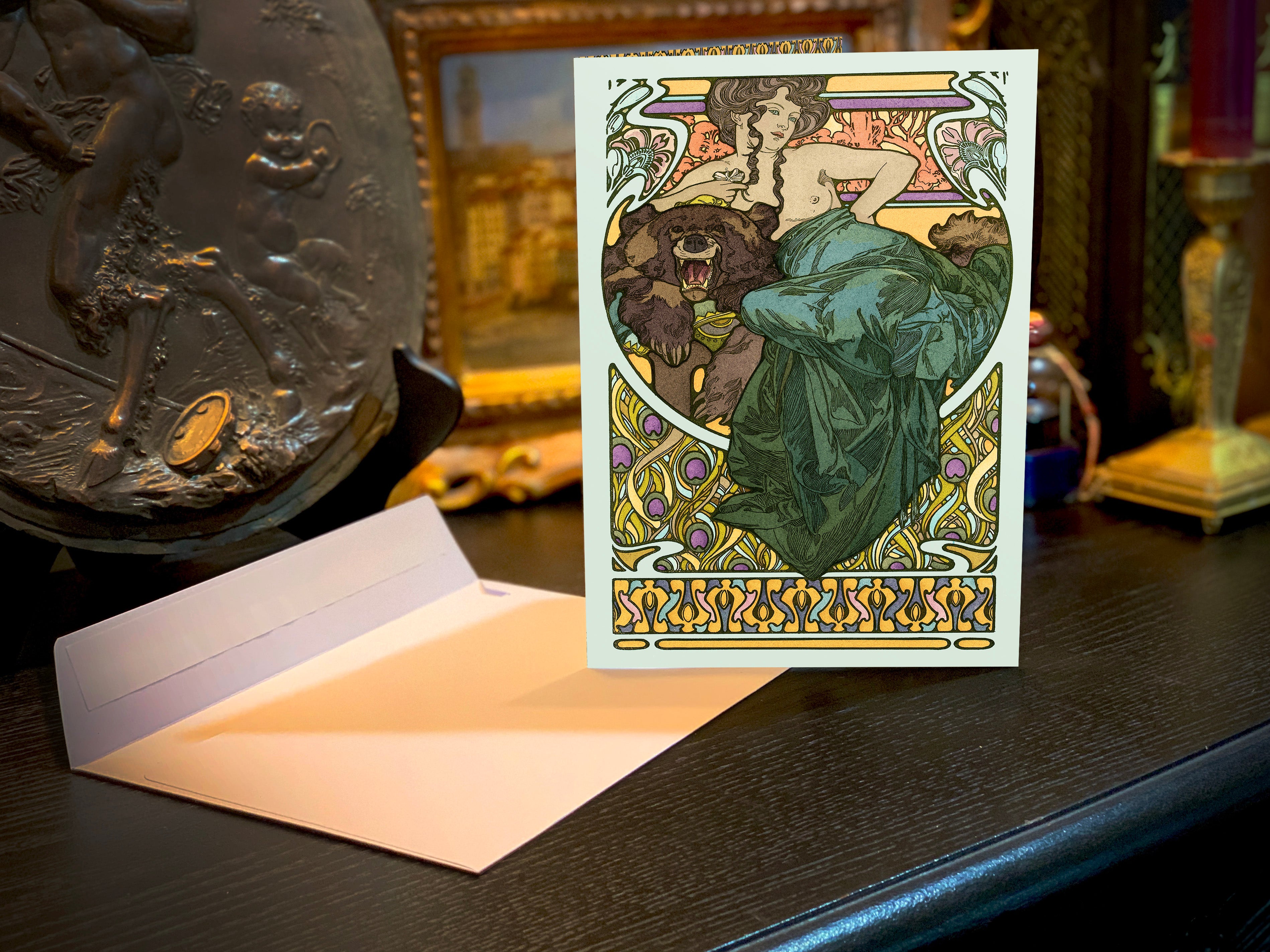 Woman with Bear Pelt by Mucha, Set of Greeting Cards/Notecards, With White Envelopes, 5in x 7in