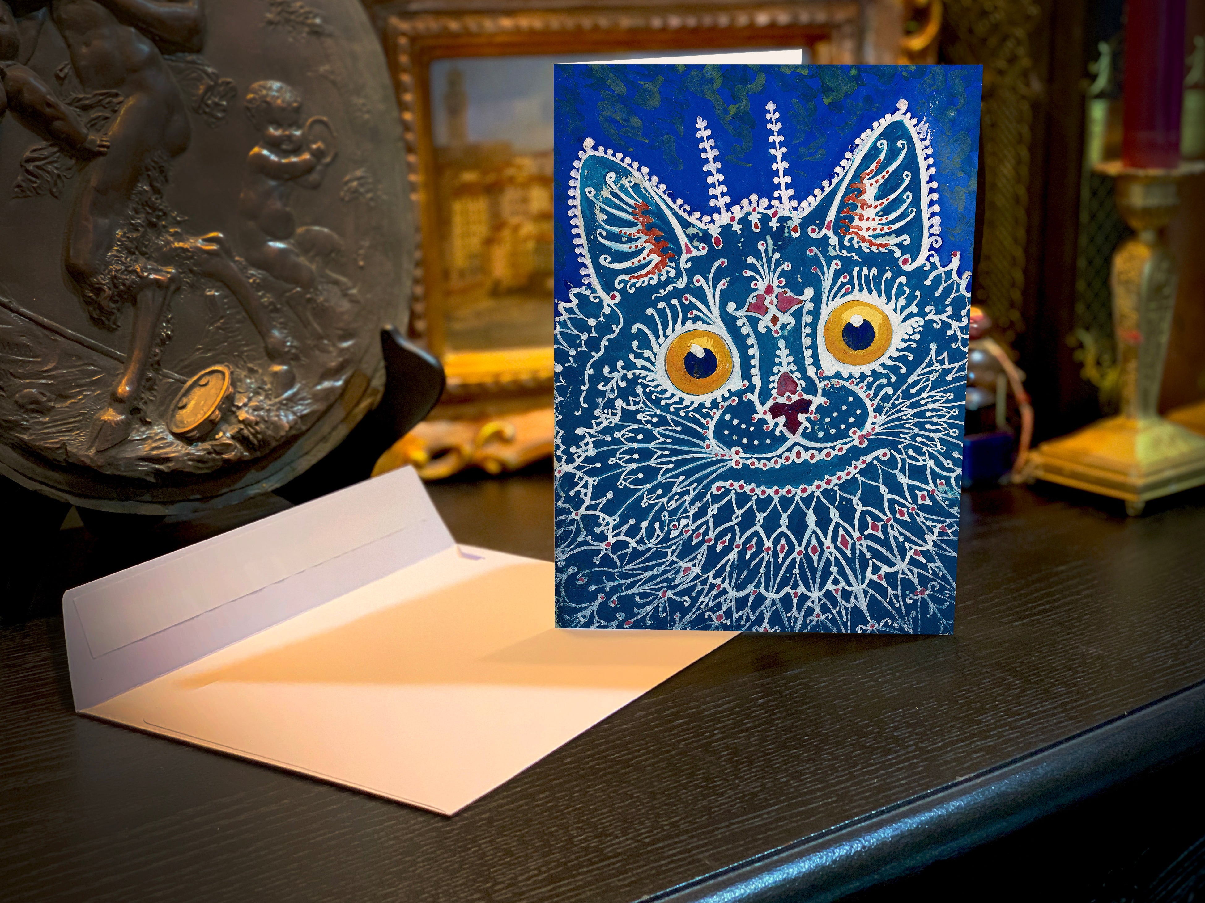 A Cat in Gothic Style Gouache by Louis Wain, Set of Feline Greeting Cards/Notecards, With White Envelopes, 5in x 7in