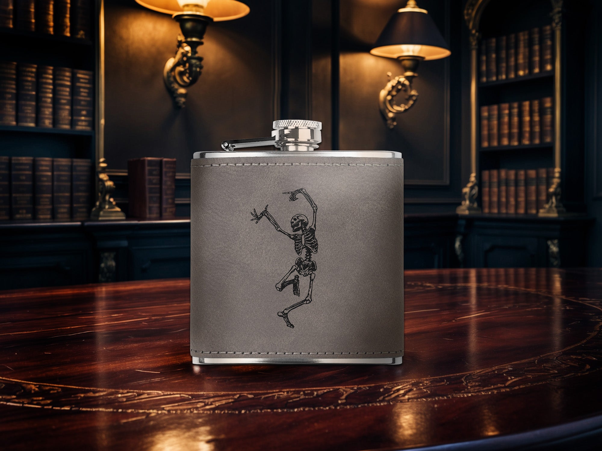 Dancing Skeleton, Laser Engraved 6oz Faux Leather Stainless Steel Flask, Available in Three Finishes