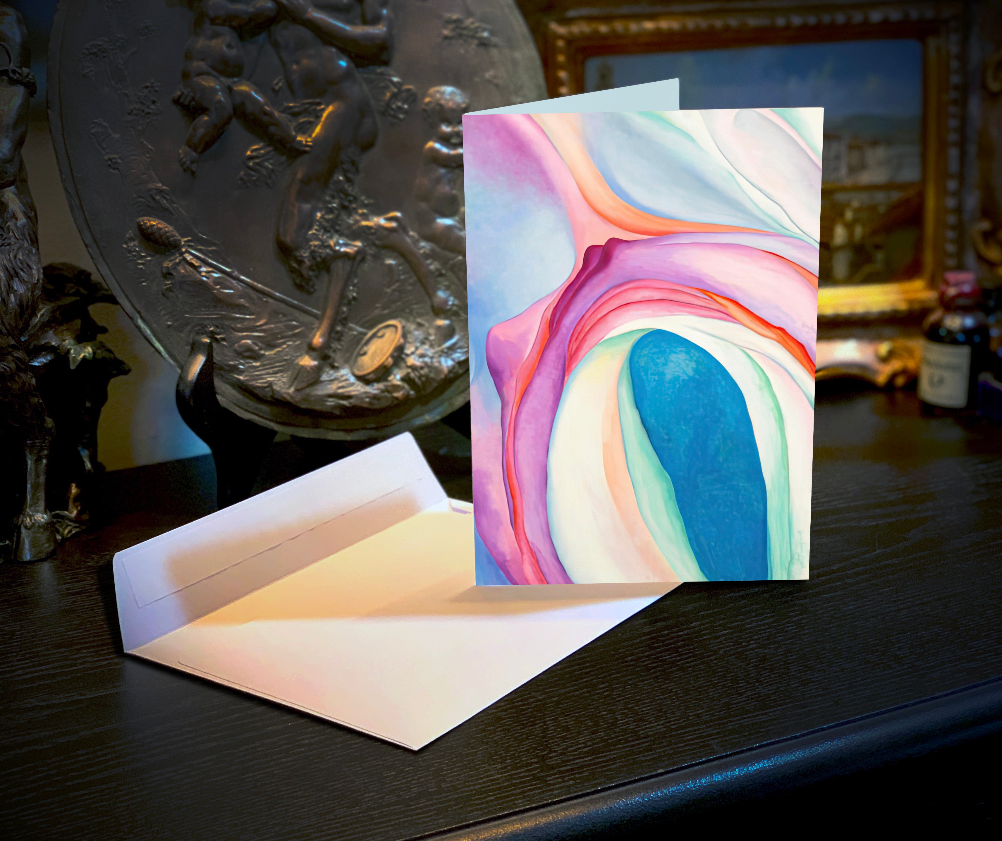 Music, Pink and Blue No. 2 by Georgia O'Keeffe, Set of Everyday Floral Greeting Cards With White Envelopes, 5in x 7in