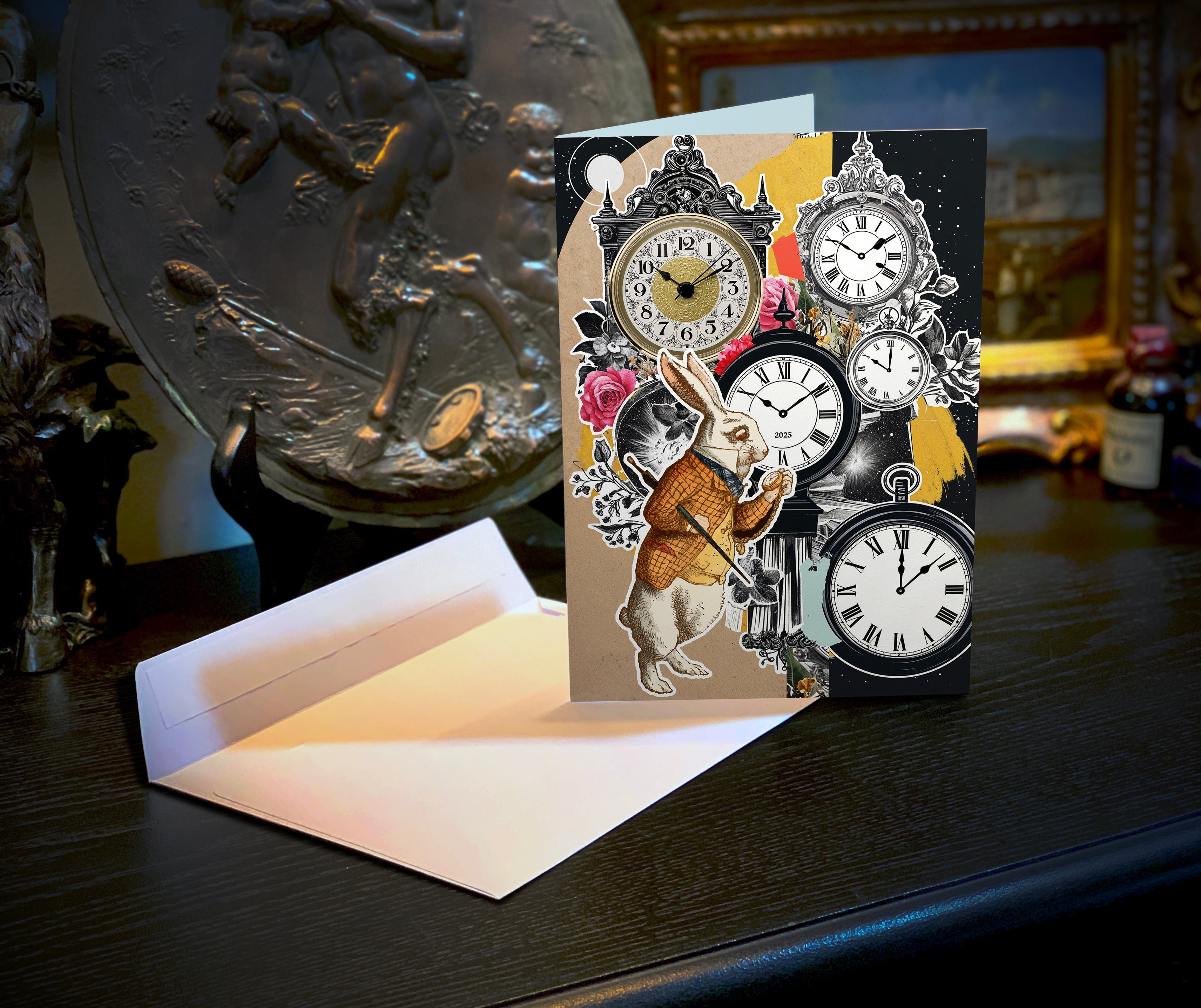 Oh Dear! Happy New Year!, Alice In Wonderland White Rabbit Inspired New Year's Greeting Cards with White Envelopes