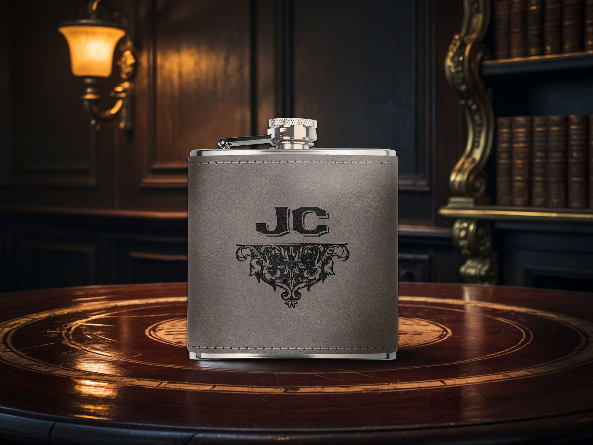 Acanthus Initial, Personalized 6oz Laser Engraved Faux Leather-Wrapped Stainless Steel Flask, Available in Three Finishes