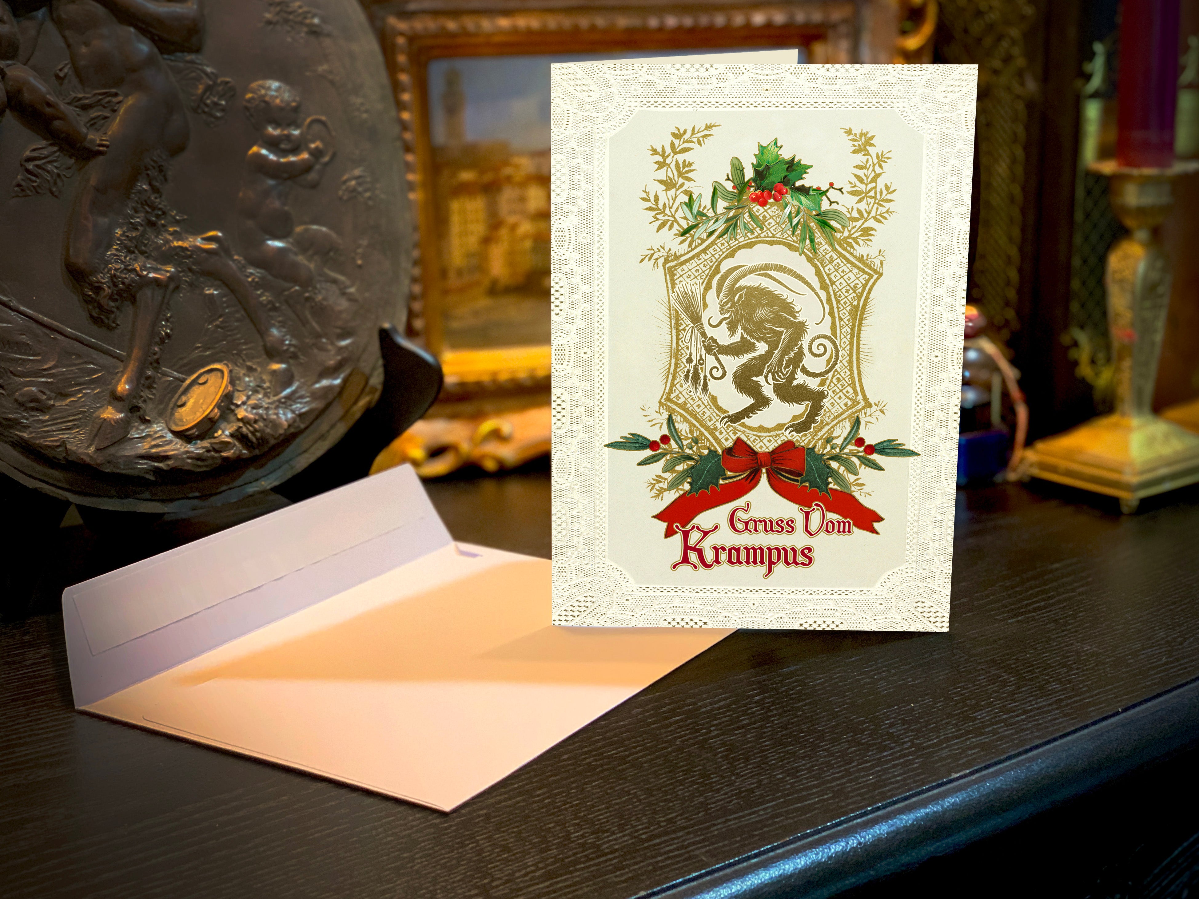 Laced with Mischief, Gruss Vom Krampus Christmas Cards With White Envelopes, 5in x 7in