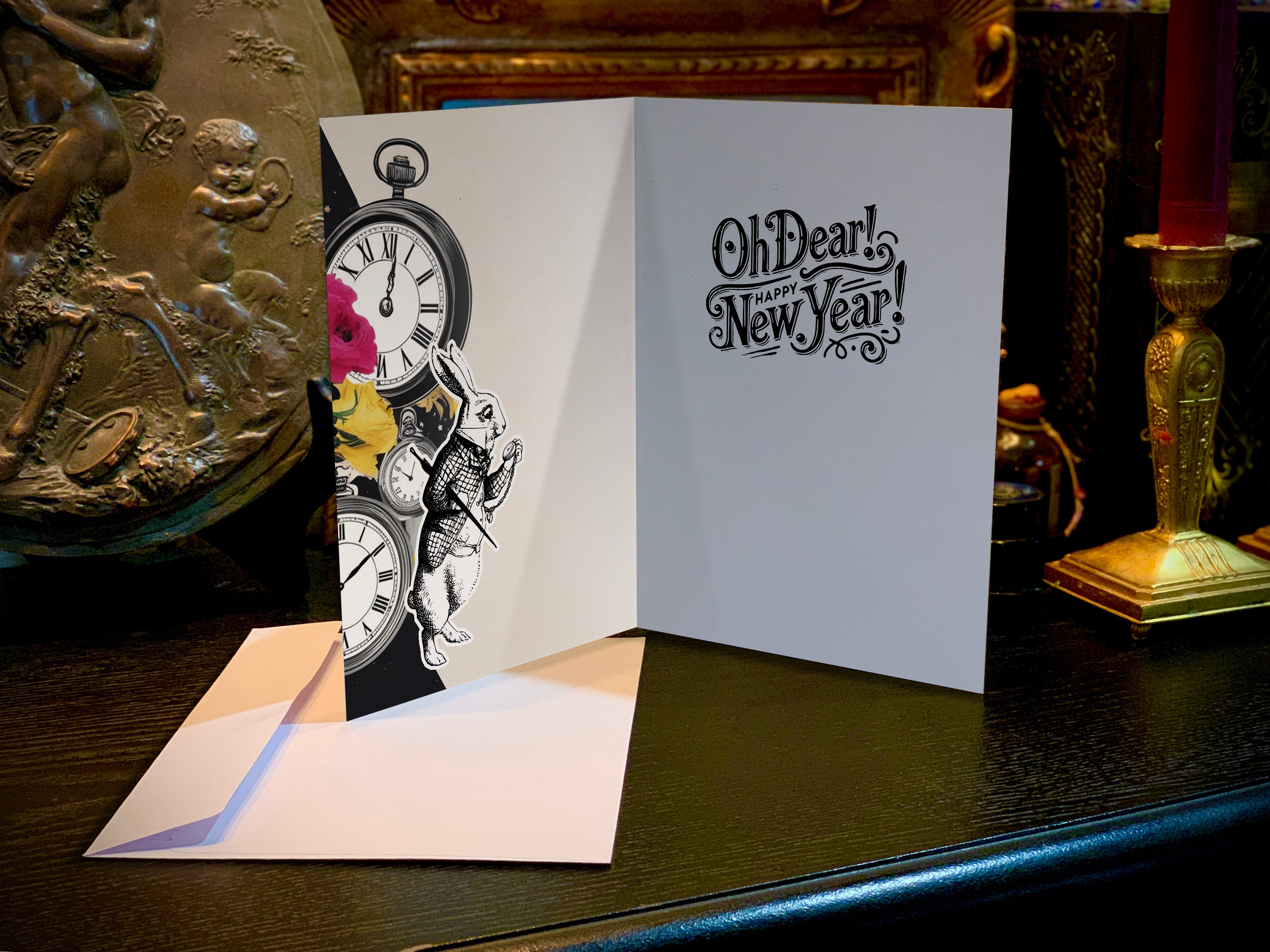 Oh Dear! Happy New Year!, Alice In Wonderland White Rabbit Inspired New Year's Greeting Cards with White Envelopes