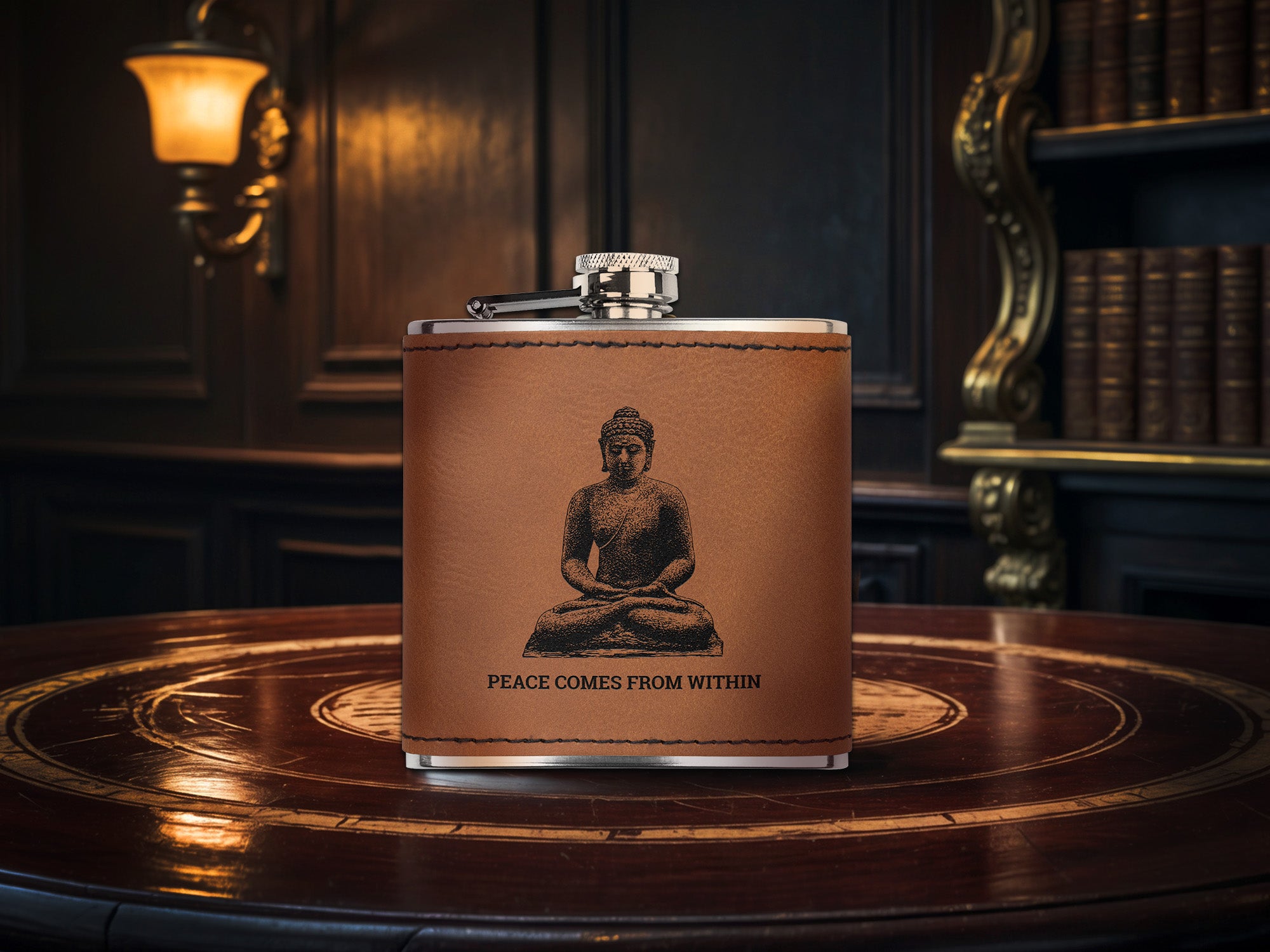 Buddha, Peace from Within, Laser Engraved 6oz Faux Leather Stainless Steel Flask, Available in Three Finishes