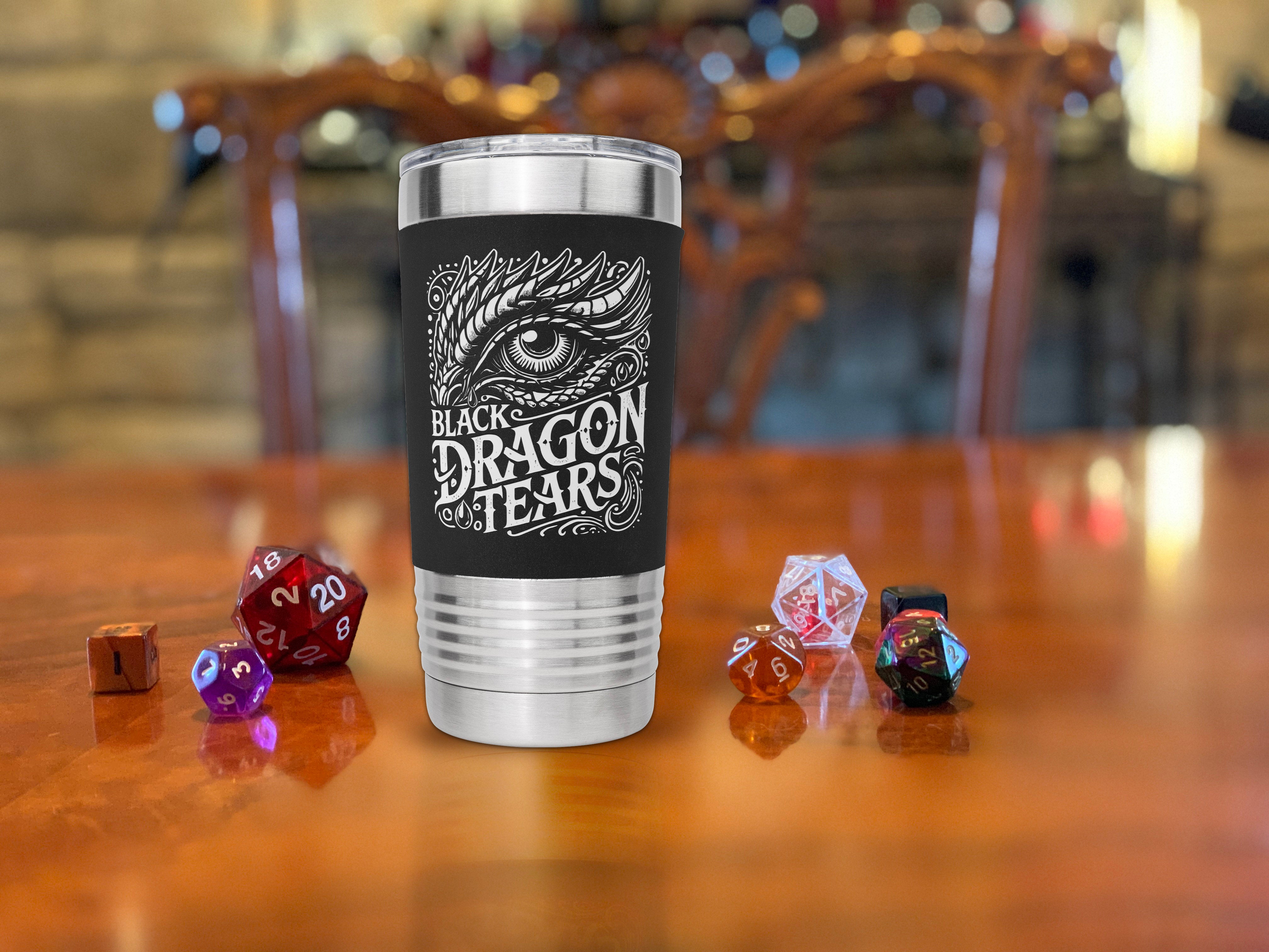 Black Dragon Tears, Dungeons and Dragons Inspired Insulated Tumbler Travel Mug for Gamers, 20oz, Black, With Silicone Grip