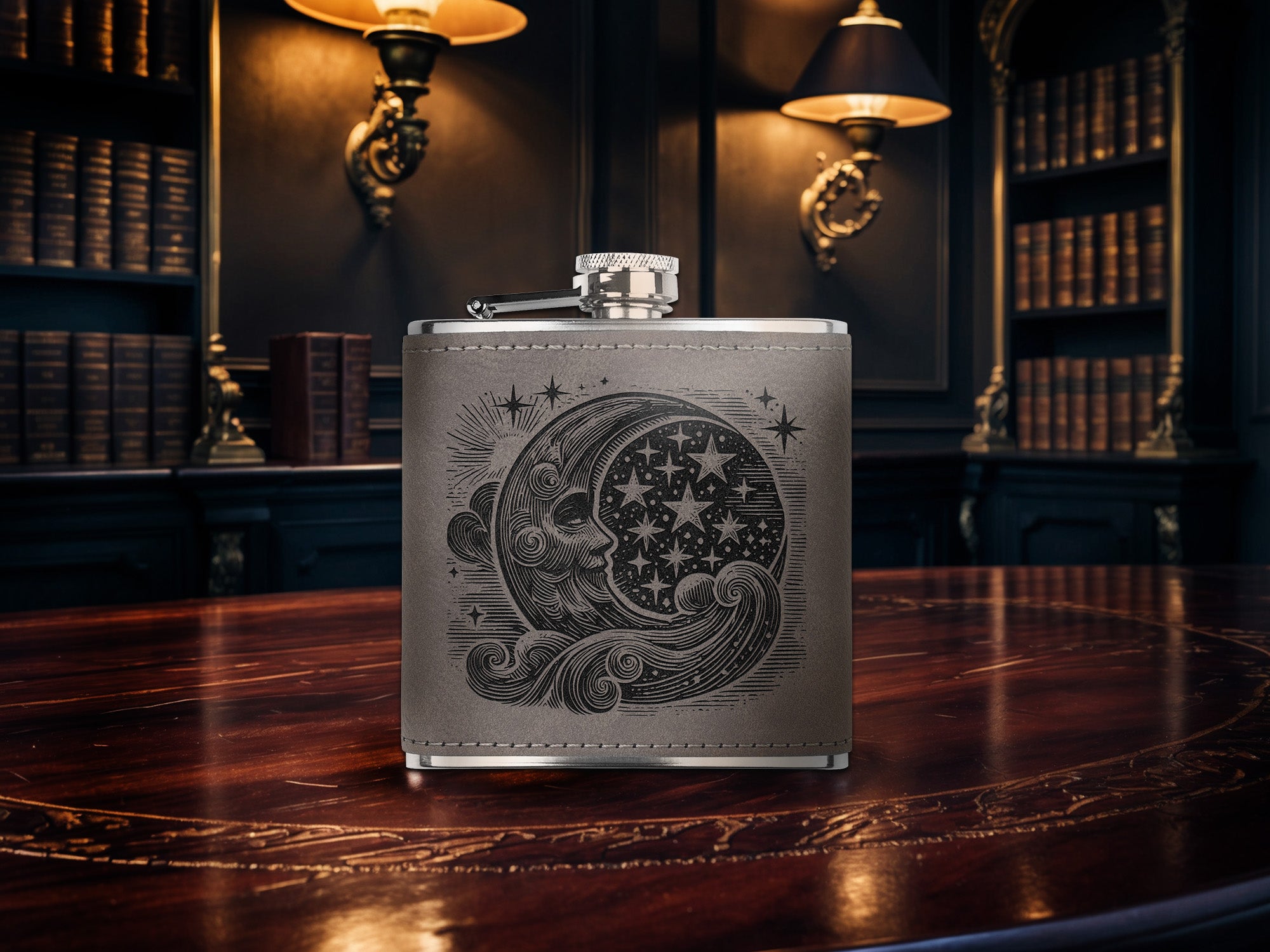 Moon and Stars, Laser Engraved 6oz Faux Leather Stainless Steel Flask, Available in Three Finishes