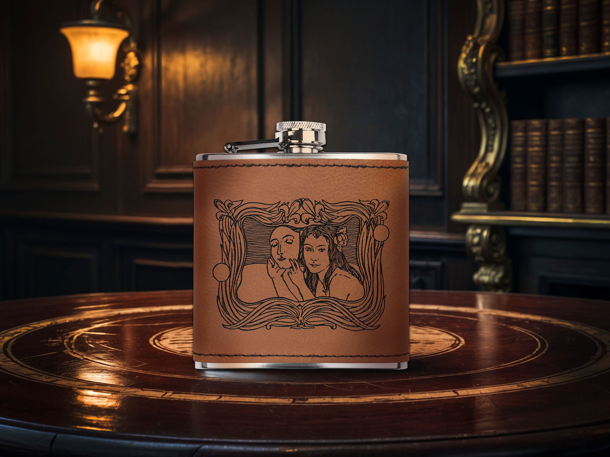 Naiad, 6oz Laser Engraved Faux Leather-Wrapped Stainless Steel Flask, Available in Three Finishes