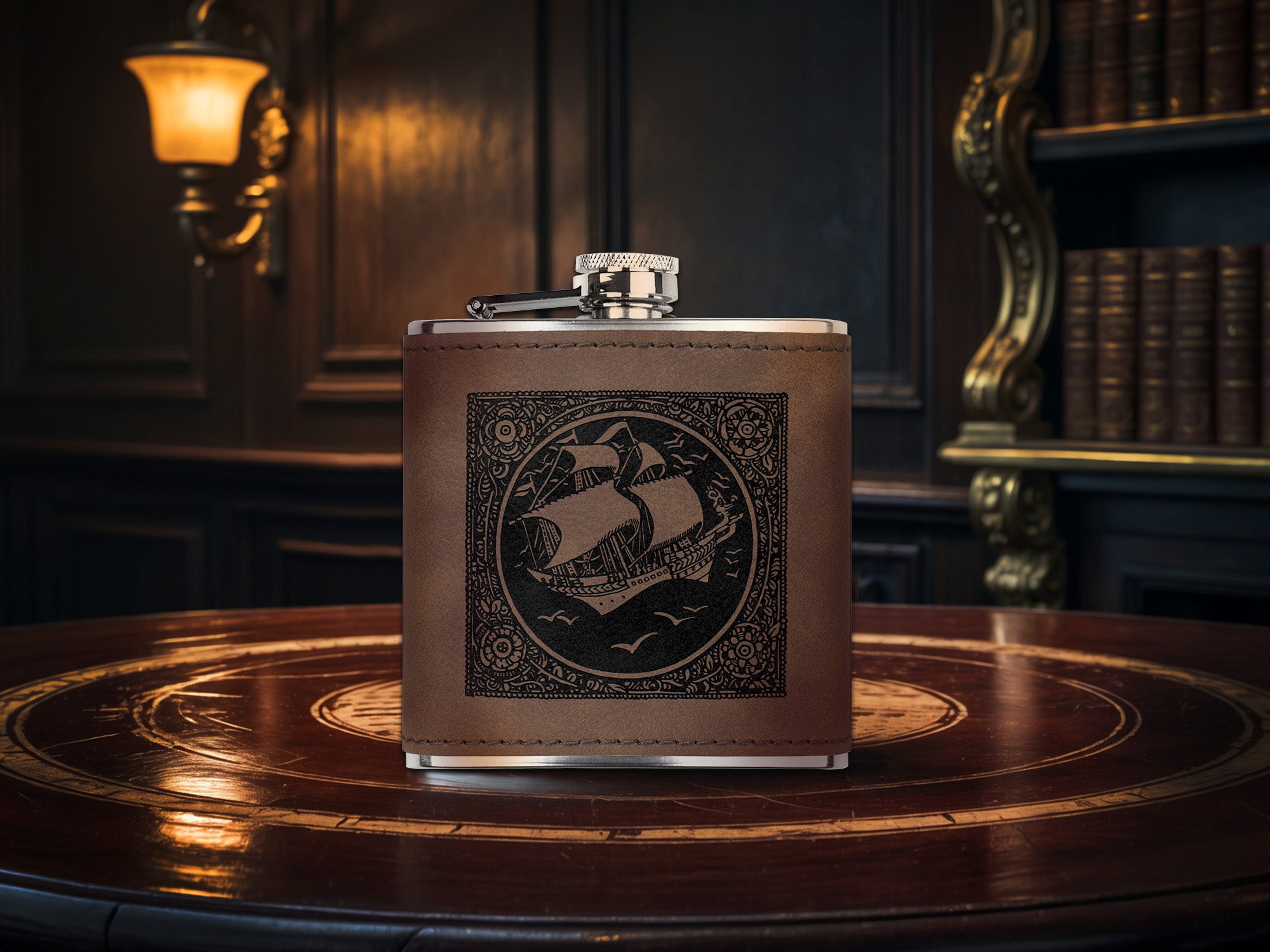 Sailing Ship, Laser Engraved 6oz Faux Leather Stainless Steel Flask, Available in Three Finishes