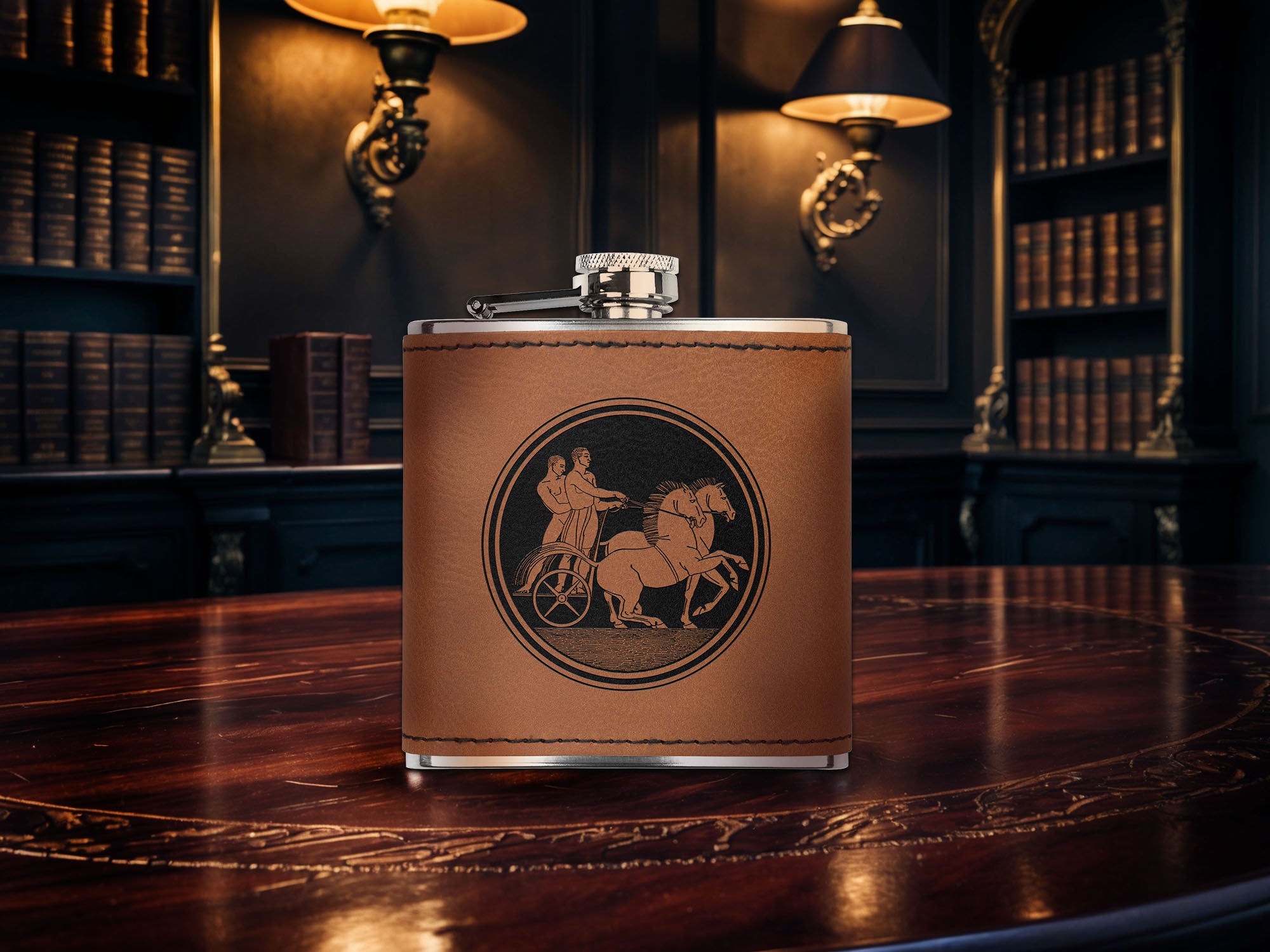 Achilles and Patroclus, 6oz Laser Engraved Faux Leather-Wrapped Stainless Steel Flask, Available in Three Finishes