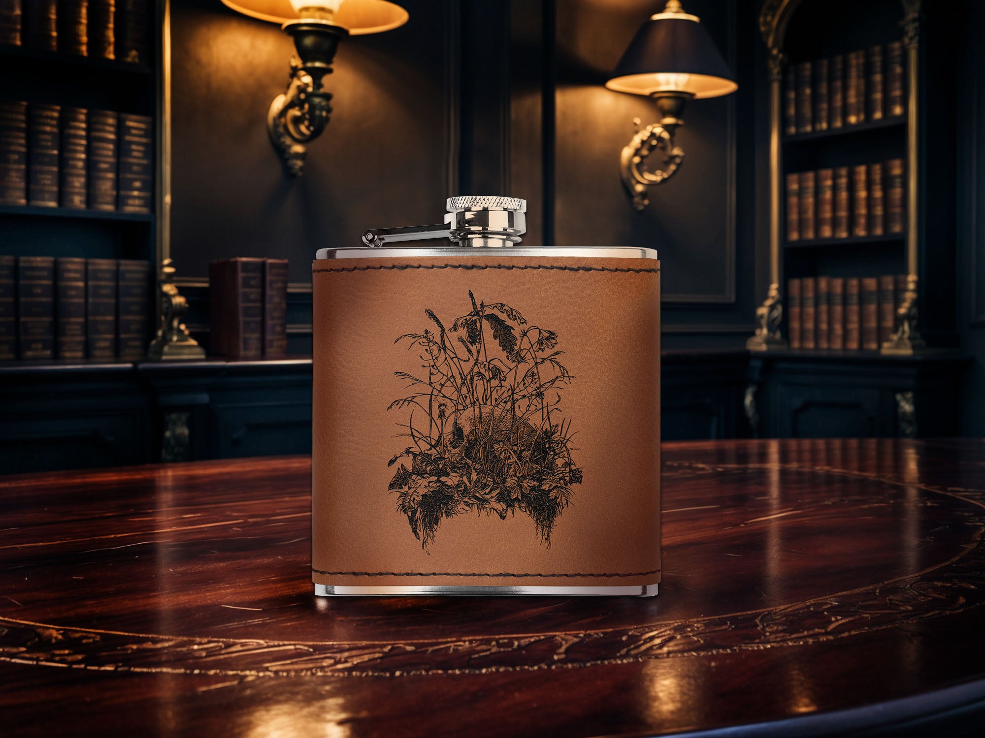 Botanical Skull, Dark Academia, 6oz Laser Engraved Faux Leather-Wrapped Stainless Steel Flask, Available in Three Finishes