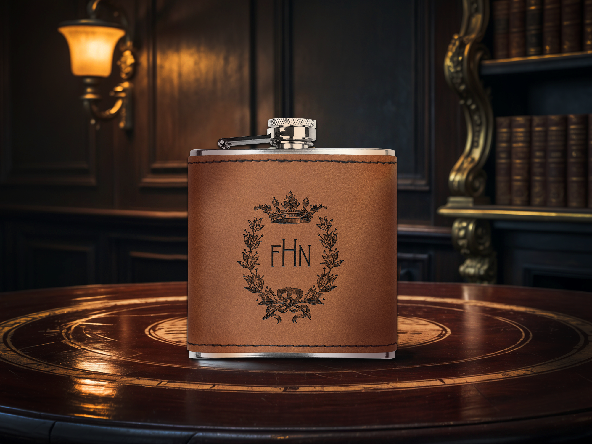 Crown and Wreath, Laser Engraved Monogrammed 6oz Faux Leather Stainless Steel Flask, Available in Three Finishes