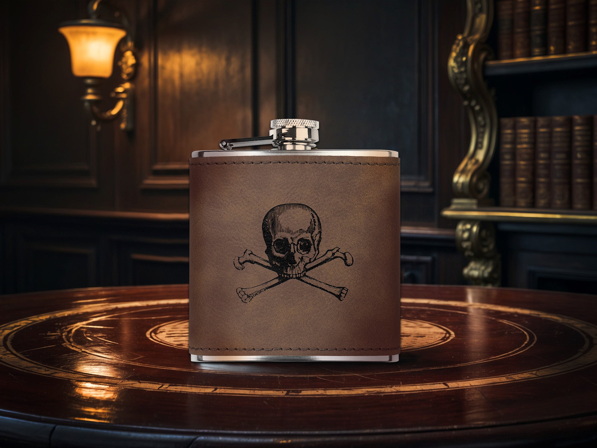 Skull and Crossbones, Laser Engraved 6oz Faux Leather Stainless Steel Flask, Available in Three Finishes