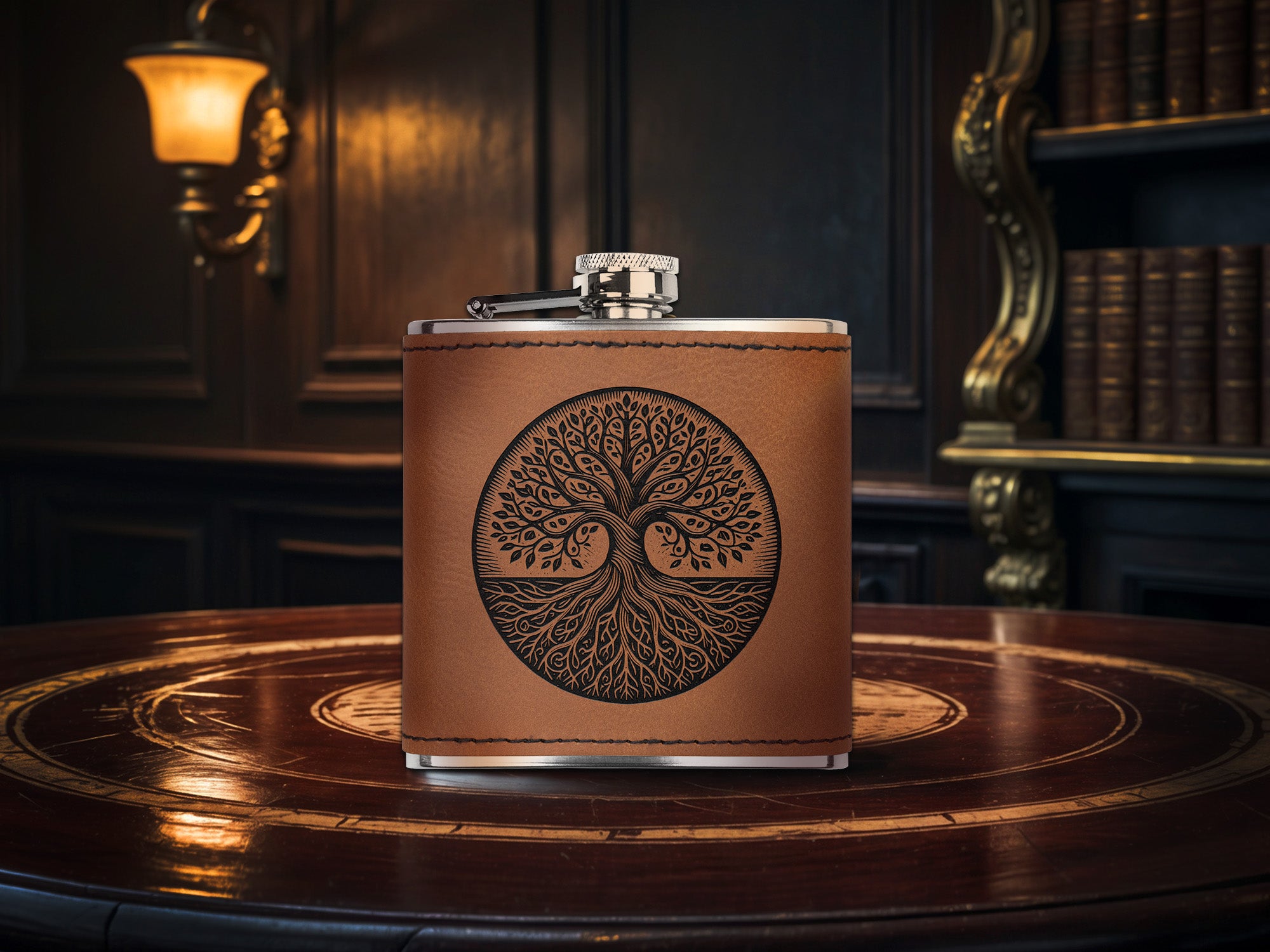 Tree of Life, Laser Engraved 6oz Faux Leather Stainless Steel Flask, Available in Three Finishes