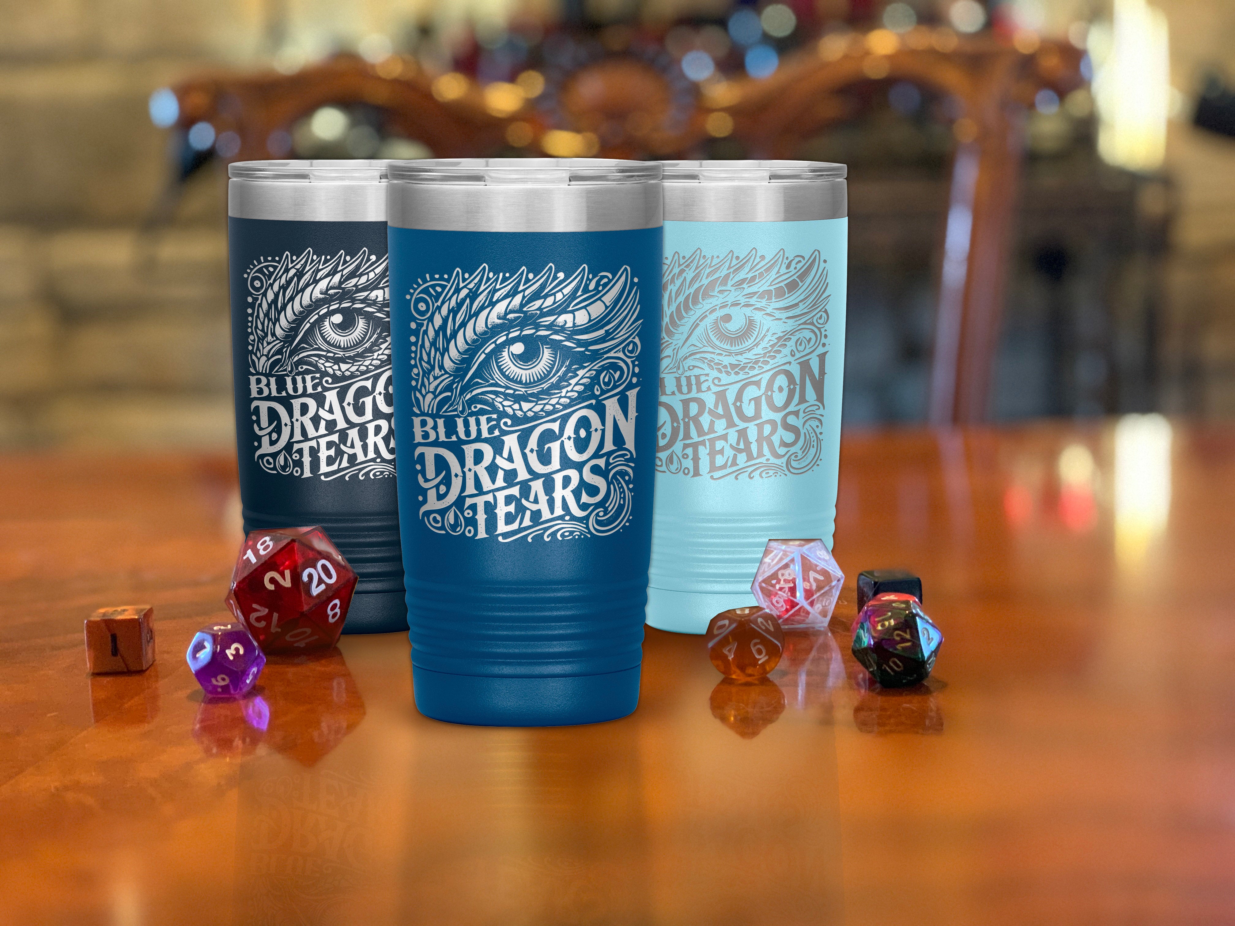 Blue Dragon Tears, Dungeons and Dragons Inspired Insulated Tumbler Travel Mug for Gamers, 20oz