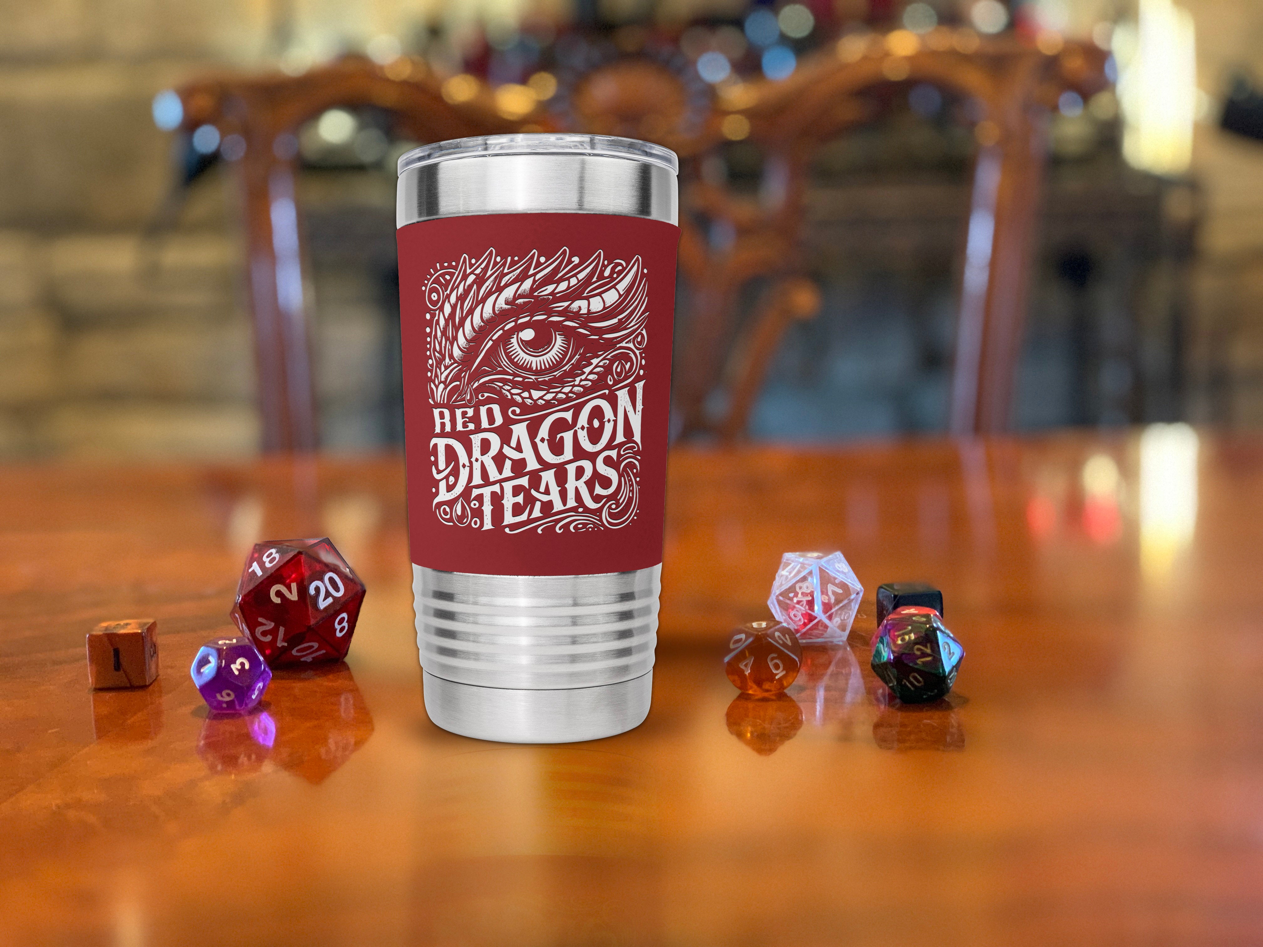 Red Dragon Tears, Dungeons and Dragons Inspired Insulated Tumbler Travel Mug for Gamers, 20oz, Red, With Silicone Grip