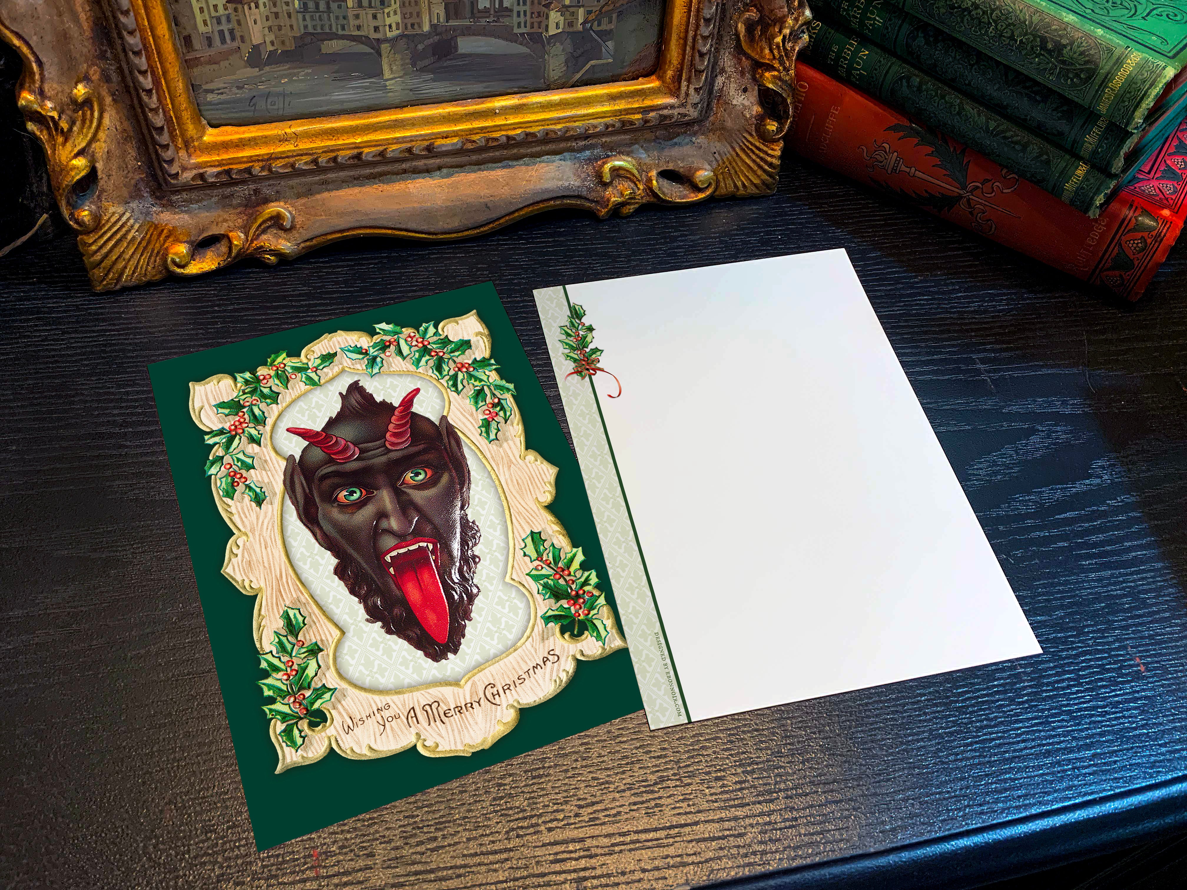 Naughty Krampus Portrait, Gruss Vom Krampus, Set of 5in x 7in Flat Christmas Cards With White Envelopes, 10 Cards/Envelopes