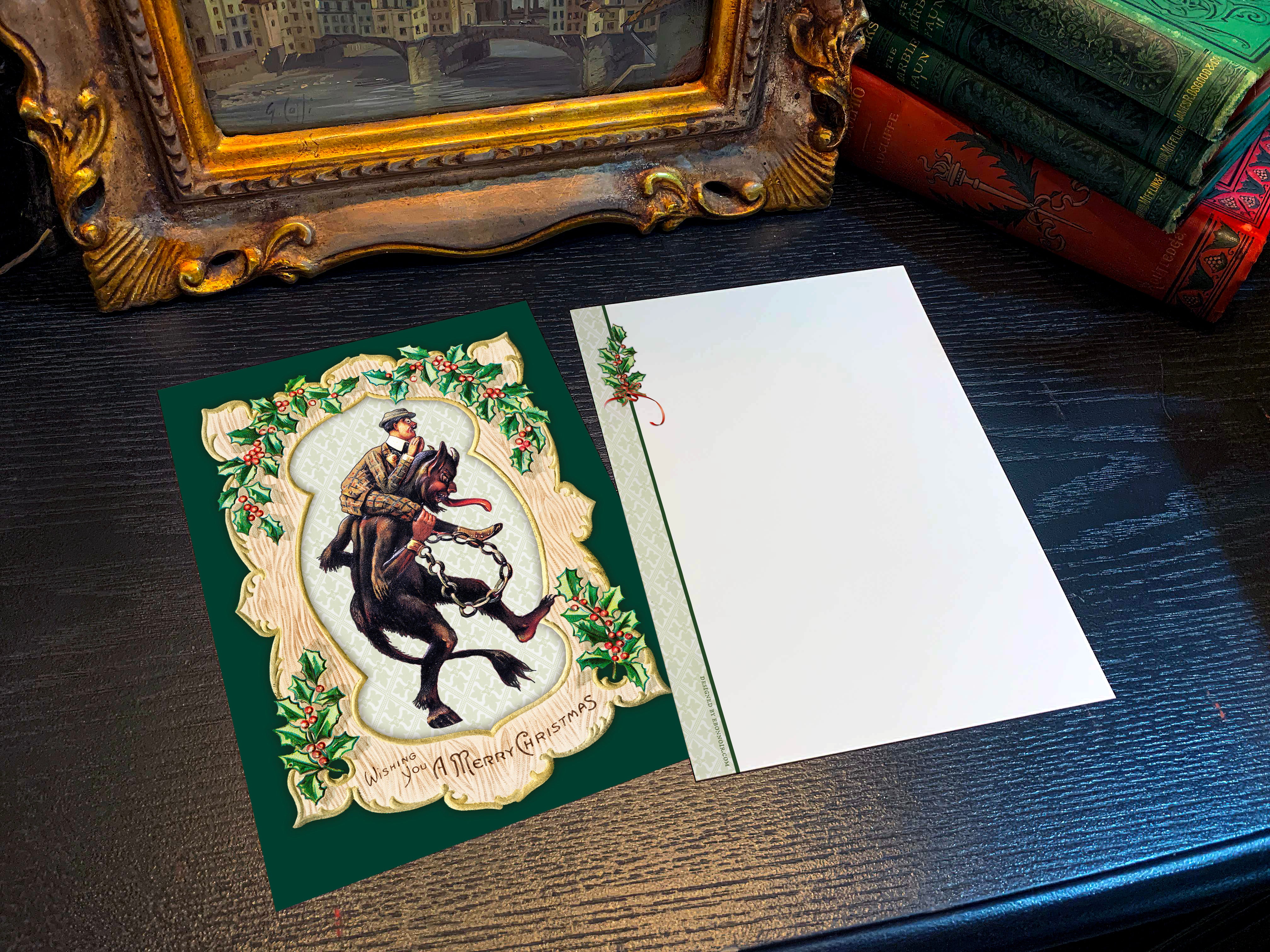 Naughty Krampus Praying Man, Gruss Vom Krampus, Set of 5in x 7in Flat Christmas Cards With White Envelopes, 10 Cards/Envelopes