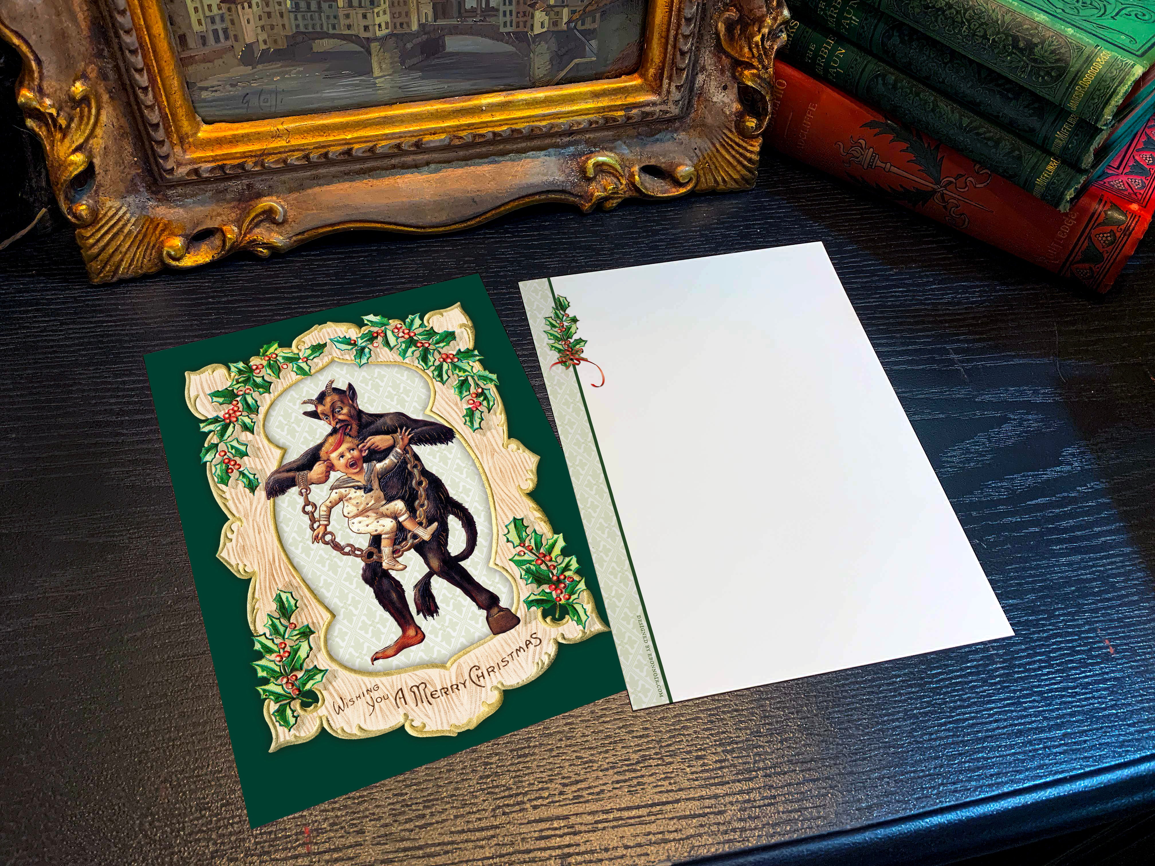 Naughty Krampus Pulling Ears, Gruss Vom Krampus, Set of 5in x 7in Flat Christmas Cards With White Envelopes, 10 Cards/Envelopes