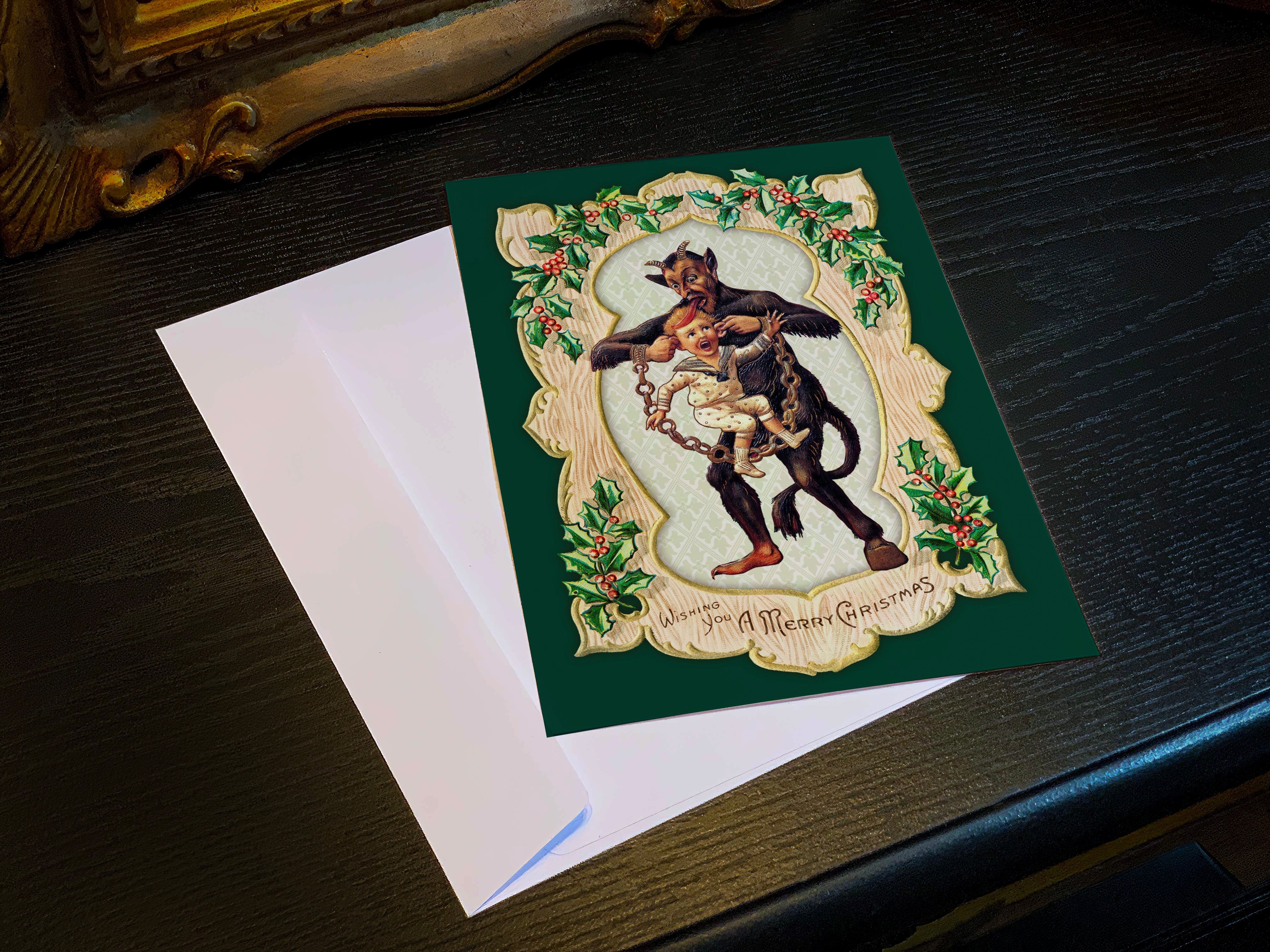 Naughty Krampus Pulling Ears, Gruss Vom Krampus, Set of 5in x 7in Flat Christmas Cards With White Envelopes, 10 Cards/Envelopes