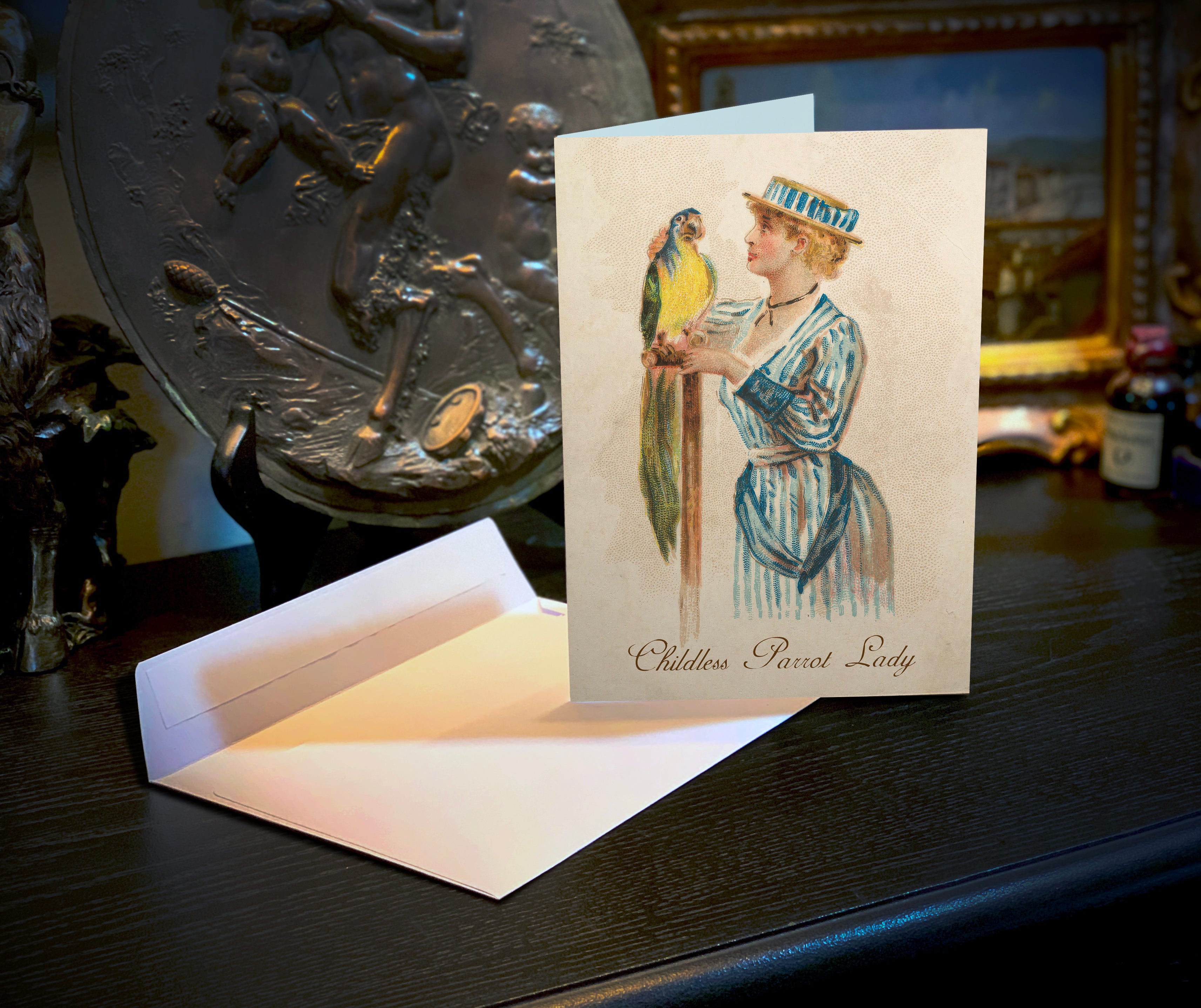 Childless Parrot Lady, Victoriana, Humorous Everyday Greeting Cards With White Envelopes, 5in x 7in