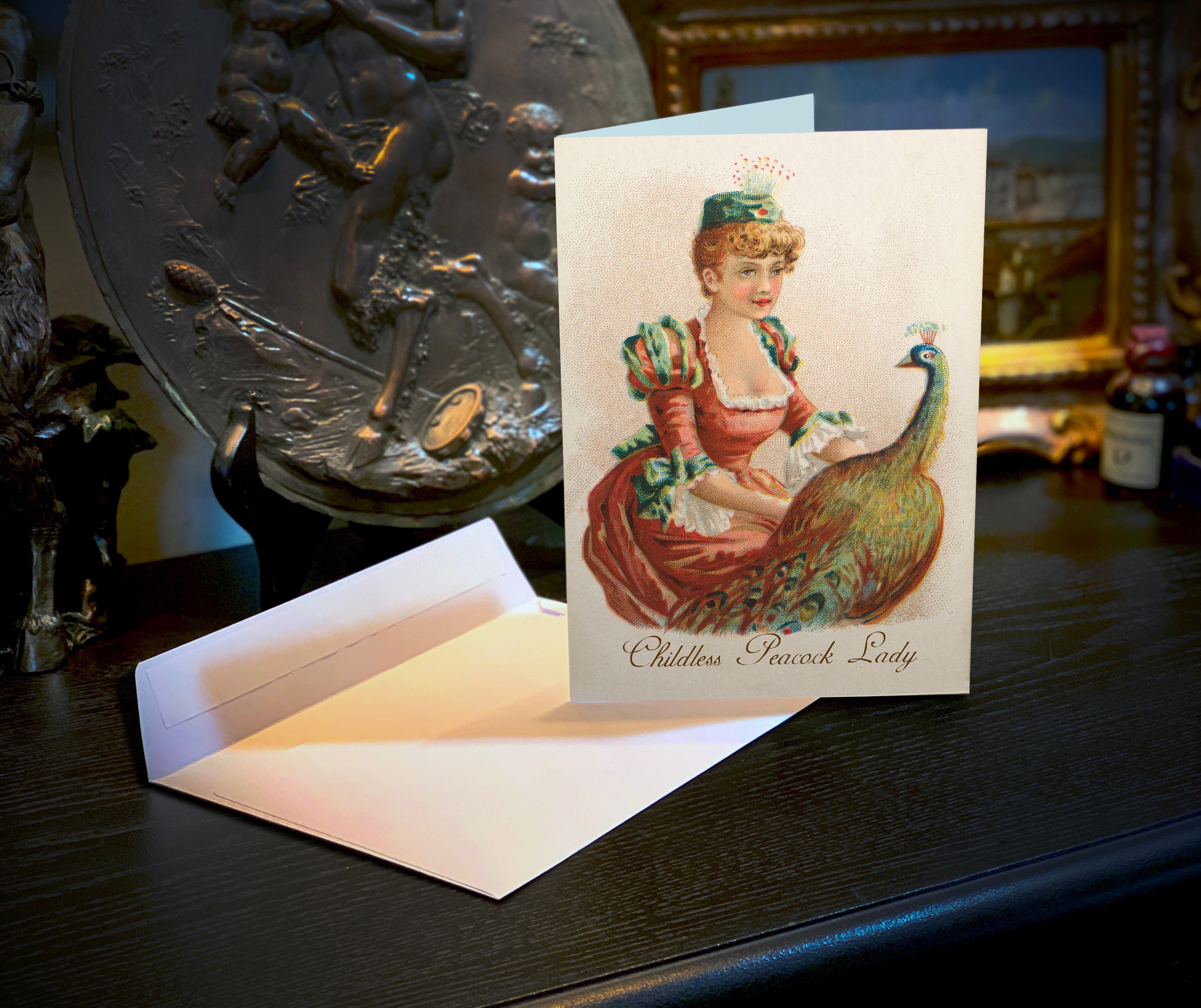 Childless Peacock Lady, Victoriana, Humorous Everyday Greeting Cards With White Envelopes, 5in x 7in