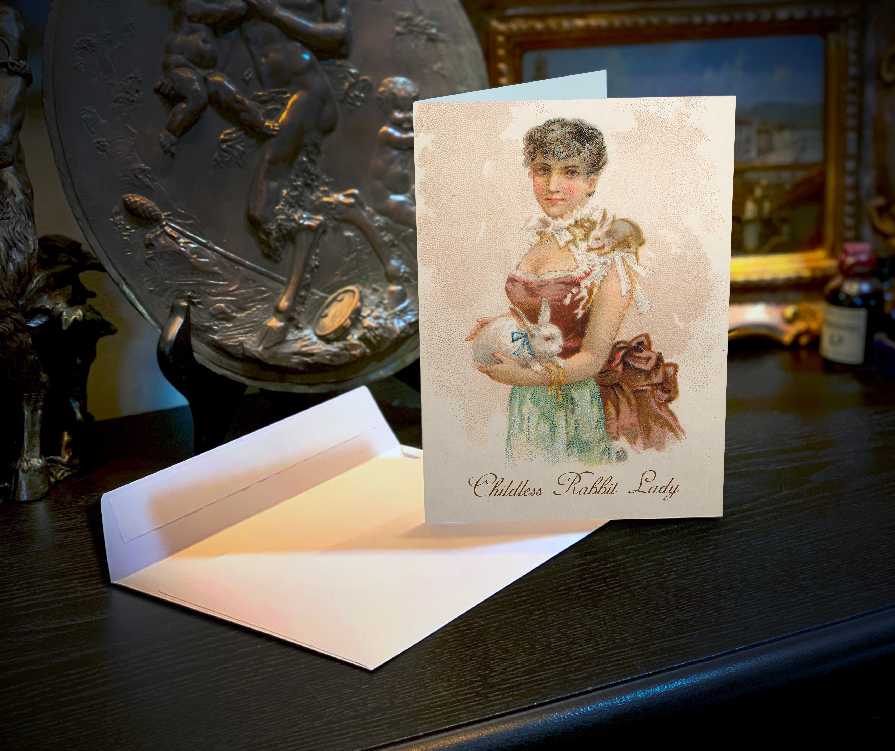 Childless Rabbit Lady, Victoriana, Humorous Everyday Greeting Cards With White Envelopes, 5in x 7in