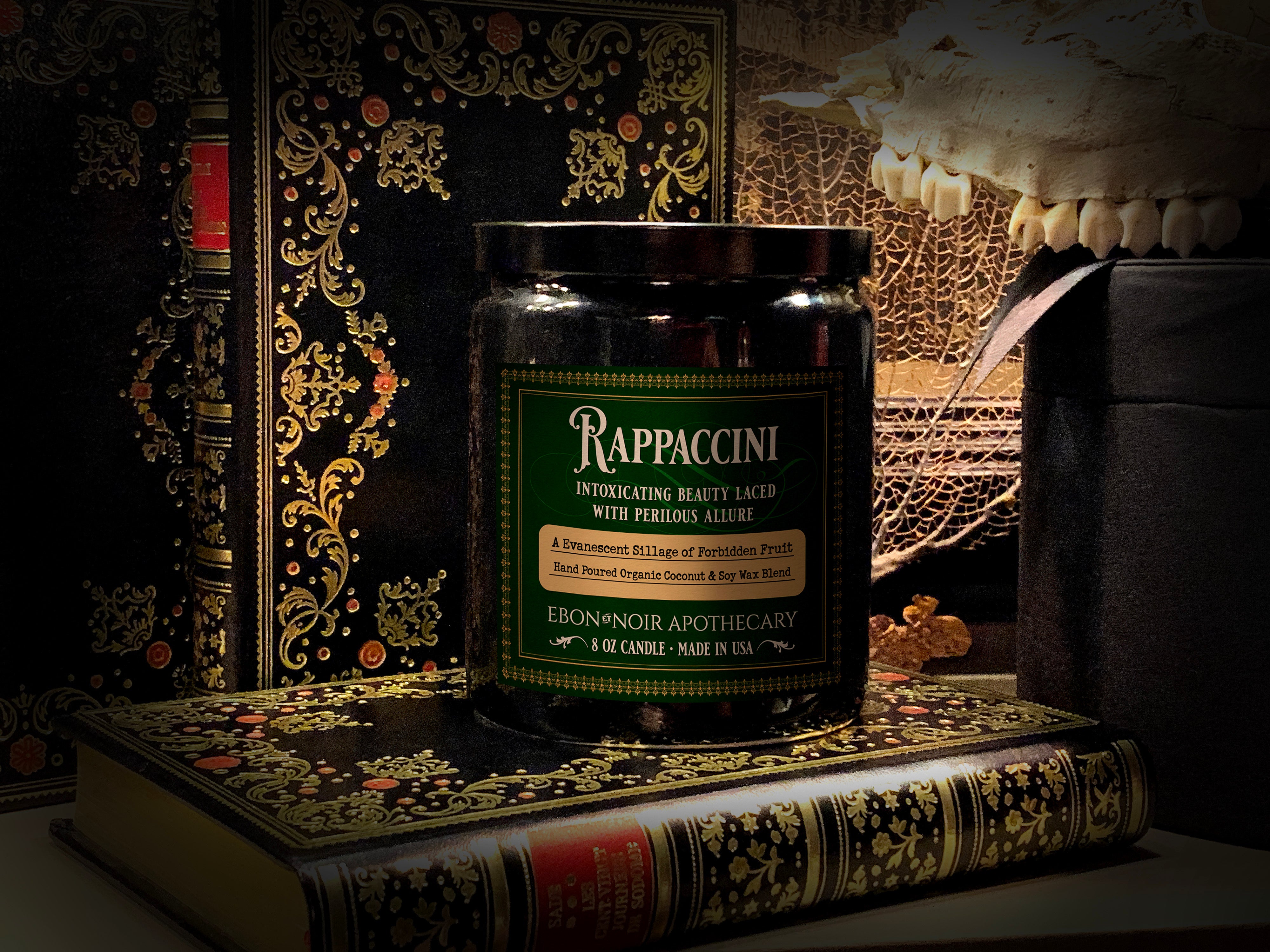 Rappaccini, Hand-Poured Coconut Soy Wax Candle in an Elegant Black Ceramic Jar, Forbidden Fruit Scent, 8oz