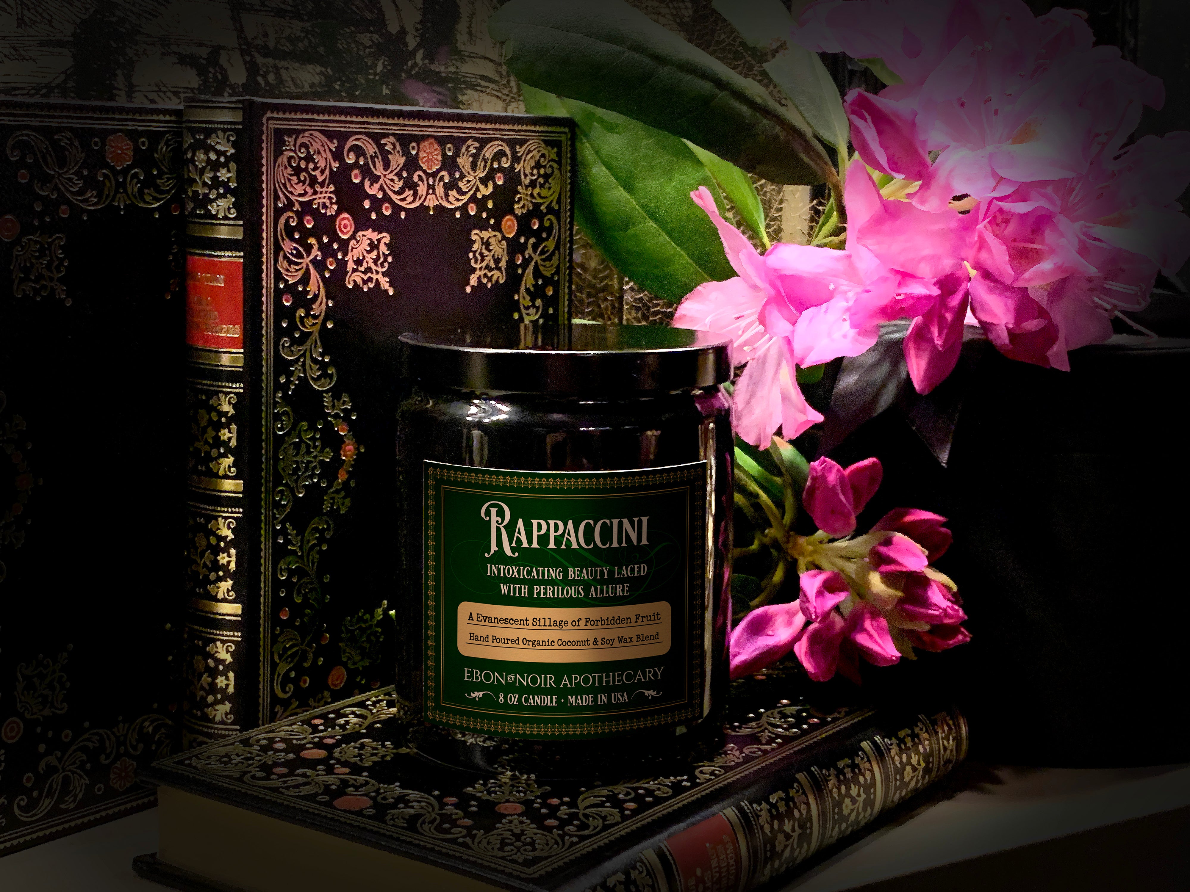 Rappaccini, Hand-Poured Coconut Soy Wax Candle in an Elegant Black Ceramic Jar, Forbidden Fruit Scent, 8oz