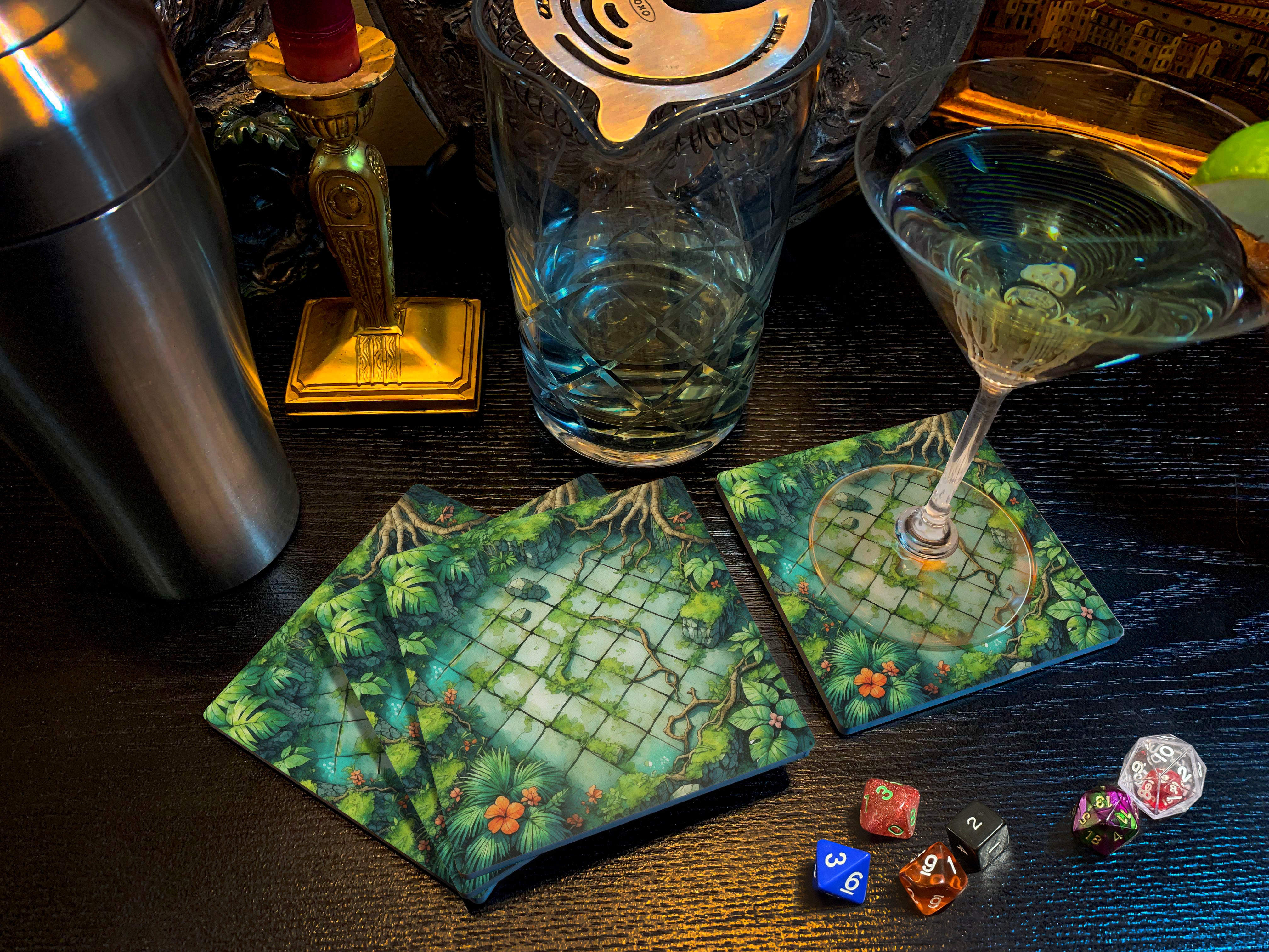 Dungeon Crawl Drink Coasters, Tropical Morass, Old-School RPG Tabletop Tiles Made from Soapstone with a Cork Backing, Set of 4