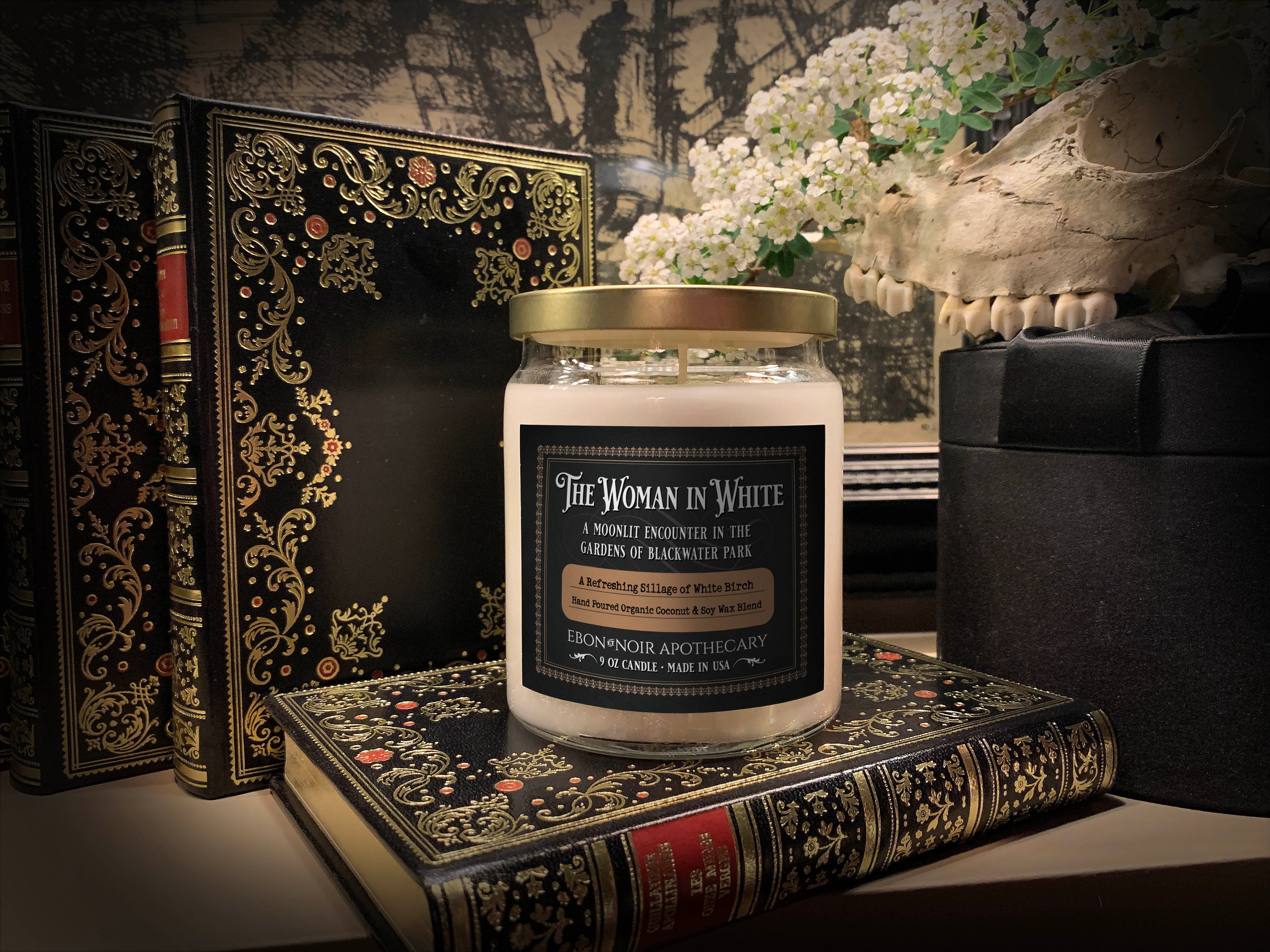 The Woman in White, Hand-Poured Coconut Soy Wax Candle in an Elegant Apothecary Jar with Gold Lid, White Birch Scent, 9oz