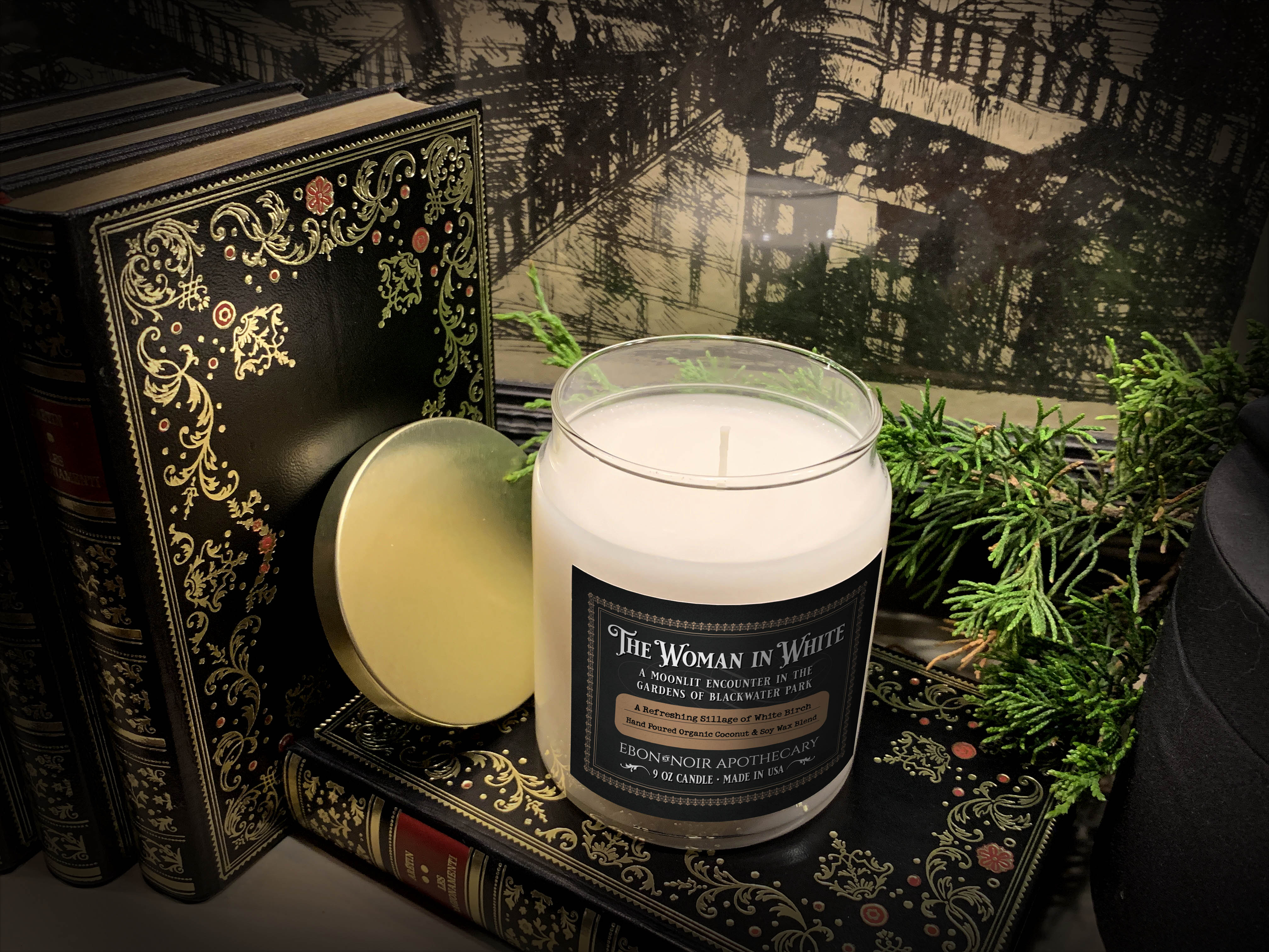 The Woman in White, Hand-Poured Coconut Soy Wax Candle in an Elegant Apothecary Jar with Gold Lid, White Birch Scent, 9oz