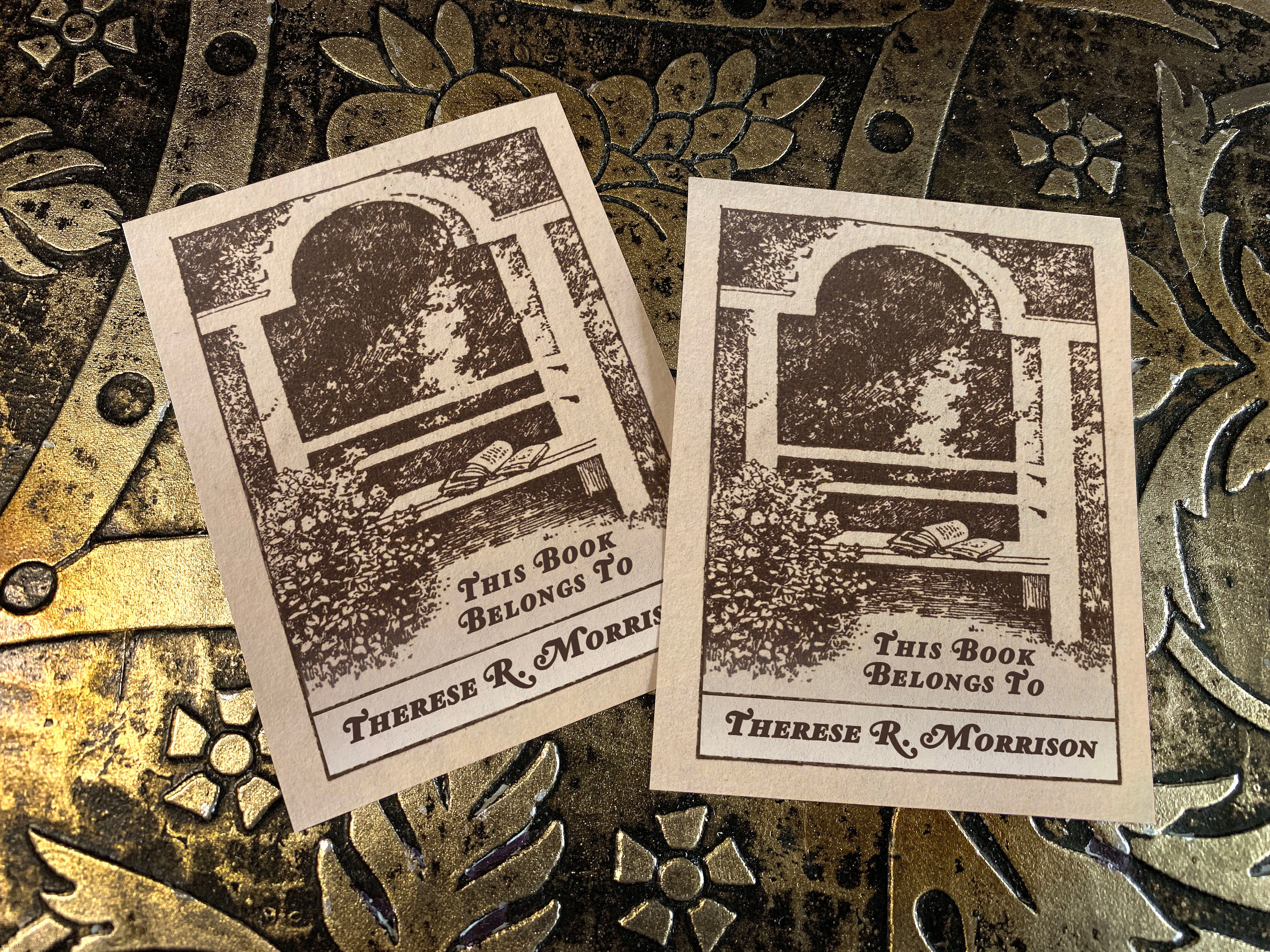 Garden Bench, Personalized Ex-Libris Bookplates, Crafted on Traditional Gummed Paper, 3in x 4in, Set of 30