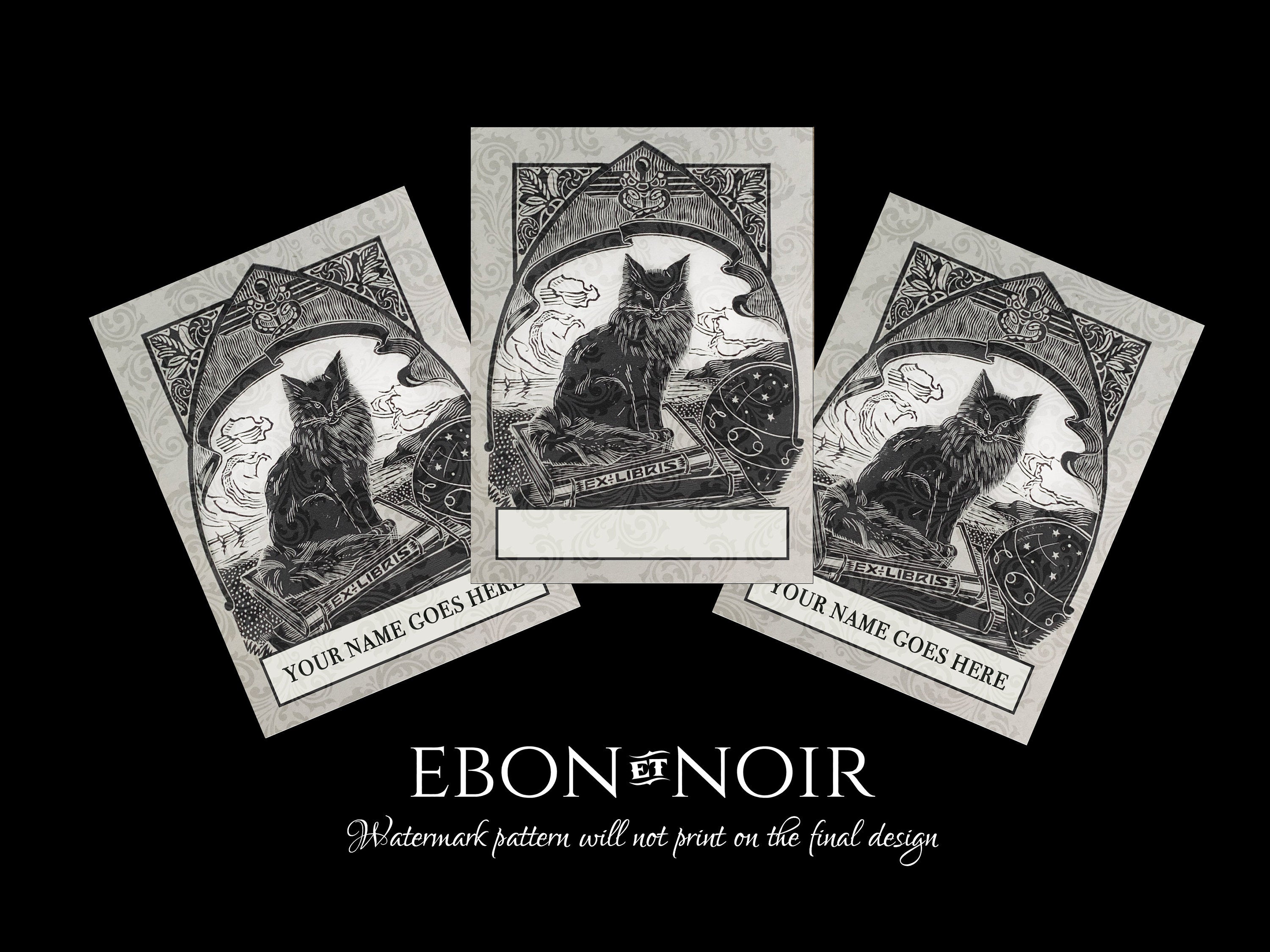 Mysterious Black Cat, Personalized Dark Academia Ex-Libris Bookplates, Crafted on Traditional Gummed Paper, 3in x 4in, Set of 30