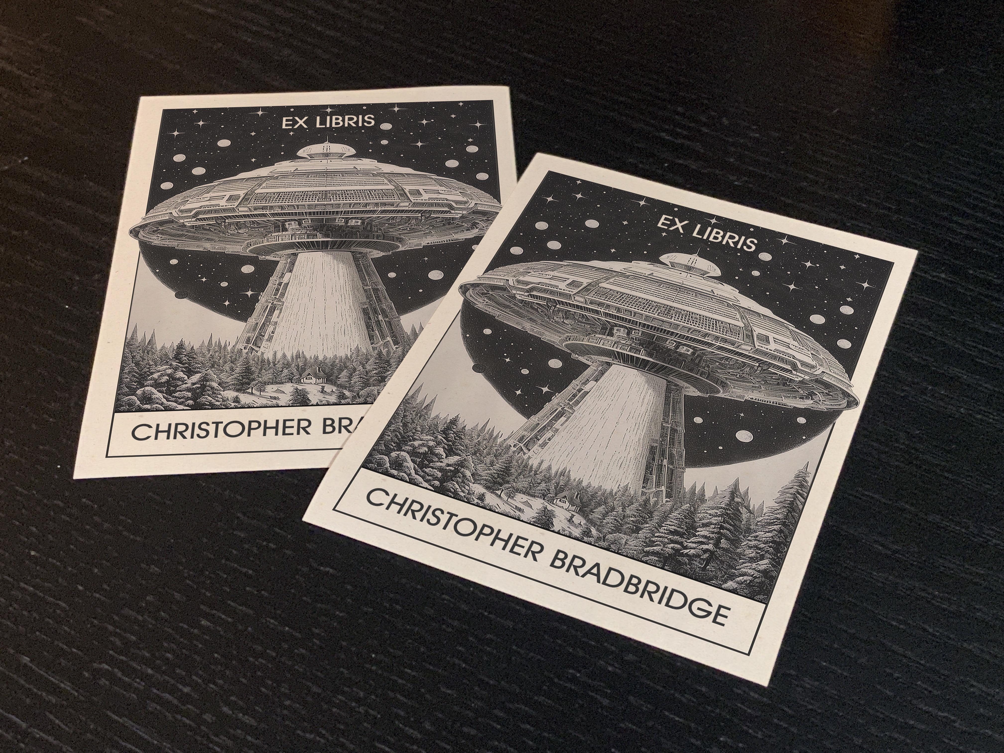 We Are Not Alone, UFO Sci-fi Personalized Ex-Libris Bookplates, Crafted on Traditional Gummed Paper, 3in x 4in, Set of 30