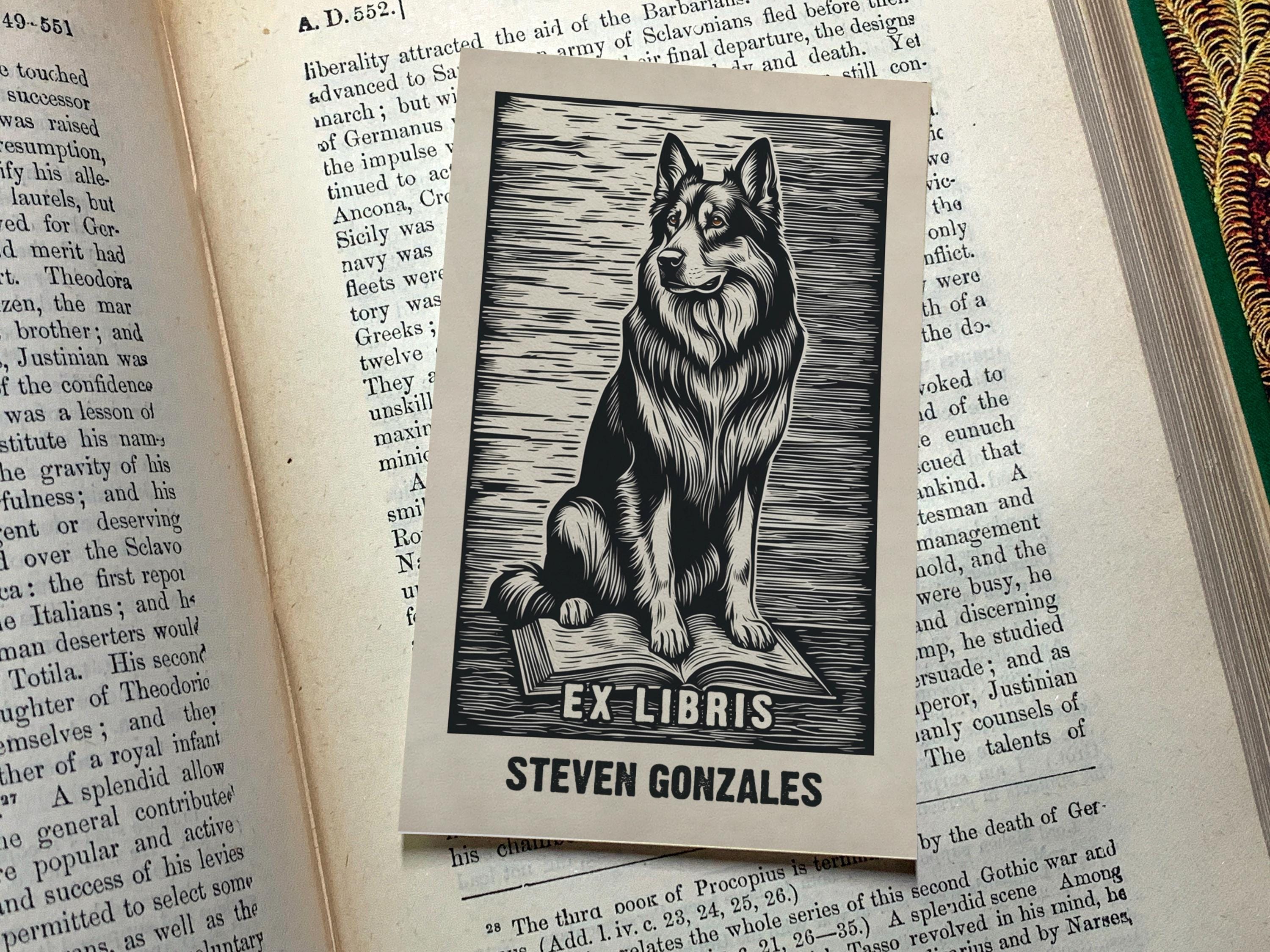 German Shepherd, Personalized Ex-Libris Bookplates, Crafted on Traditional Gummed Paper, 2.5in x 4in, Set of 30