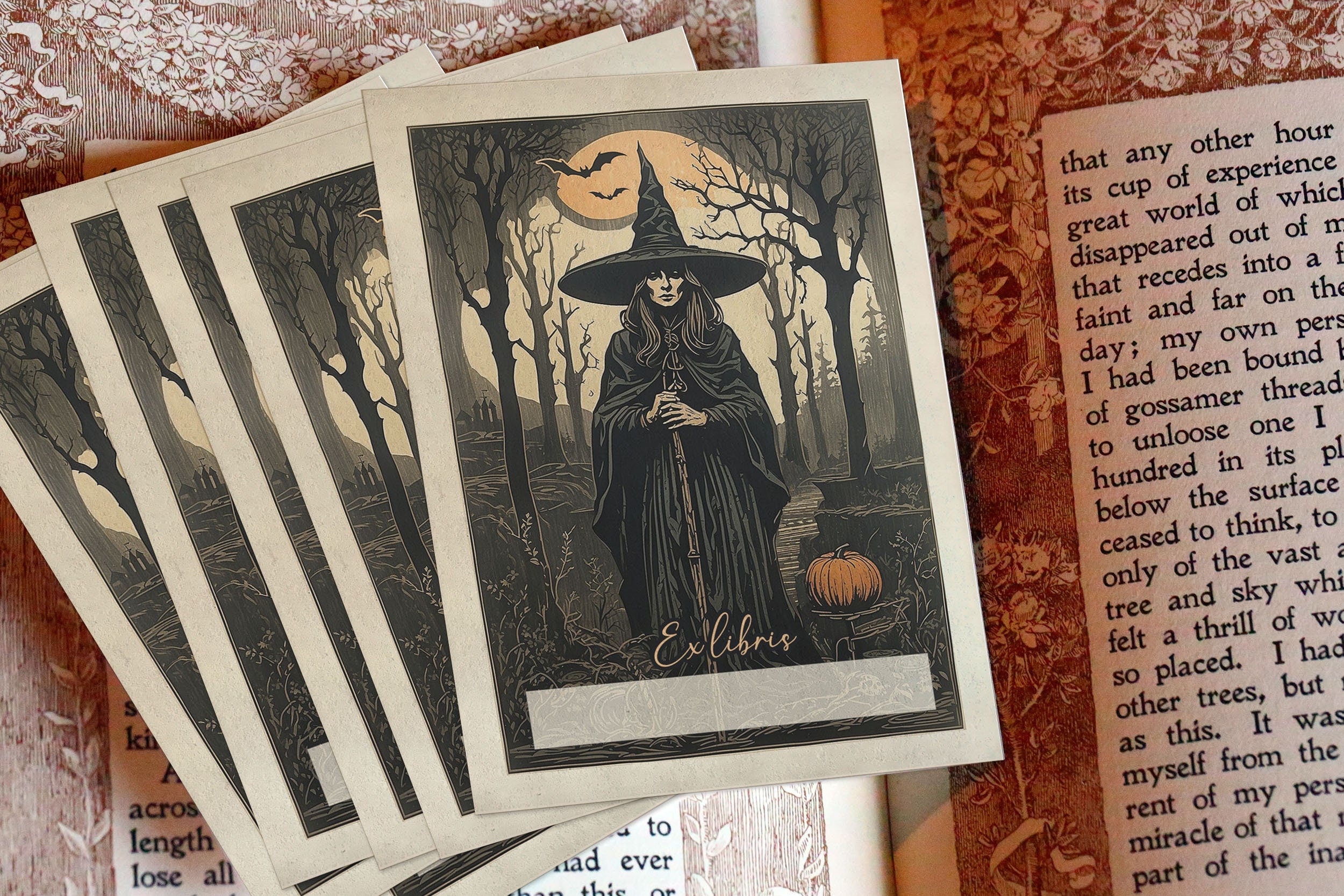 Mystical Pumpkin Witch, Personalized Ex-Libris Bookplates, Crafted on Traditional Gummed Paper, 3in x 4in, Set of 30