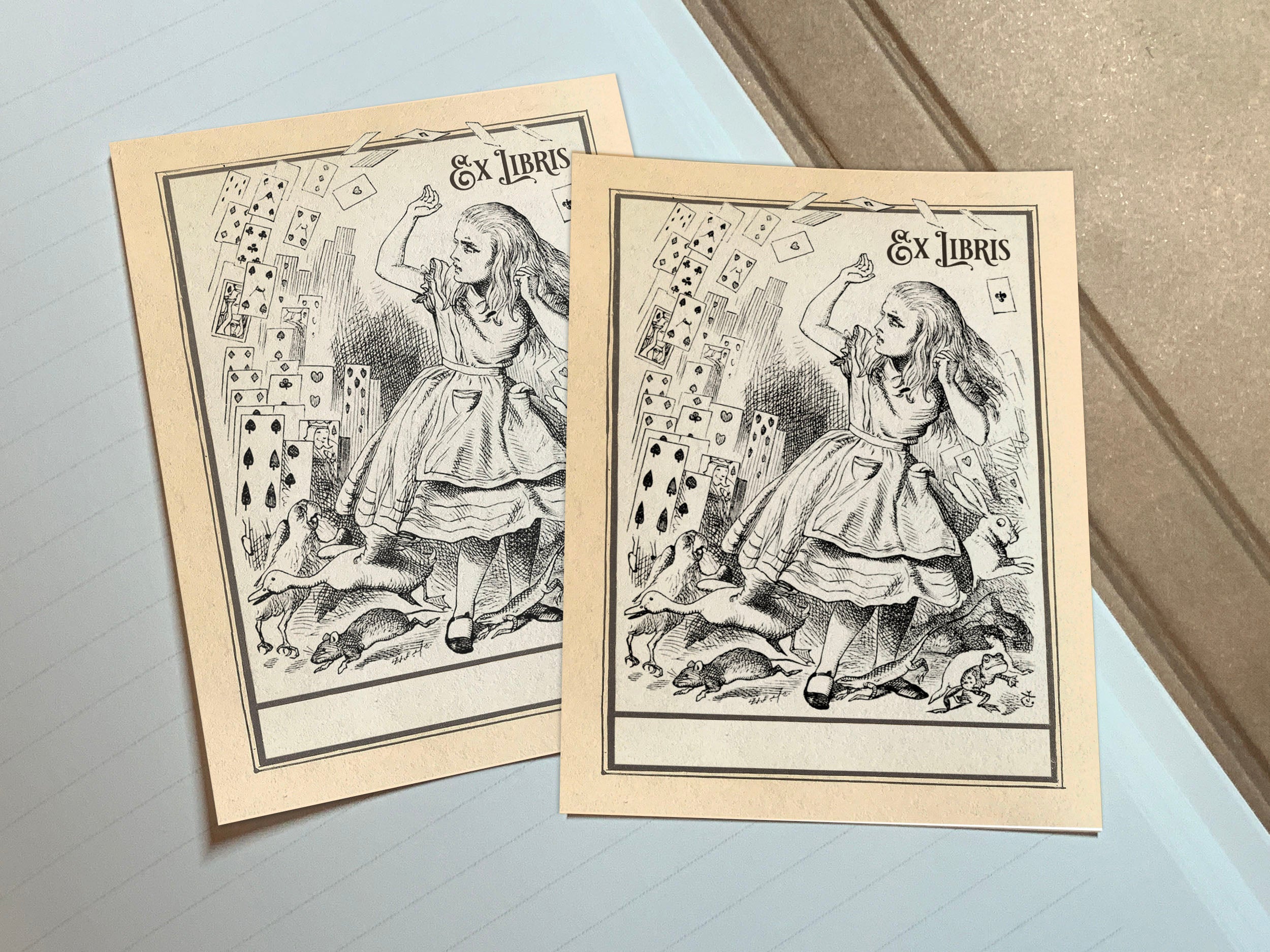 Flying Cards, Alice in Wonderland, Personalized Ex-Libris Bookplates, Crafted on Traditional Gummed Paper, 3in x 4in, Set of 30