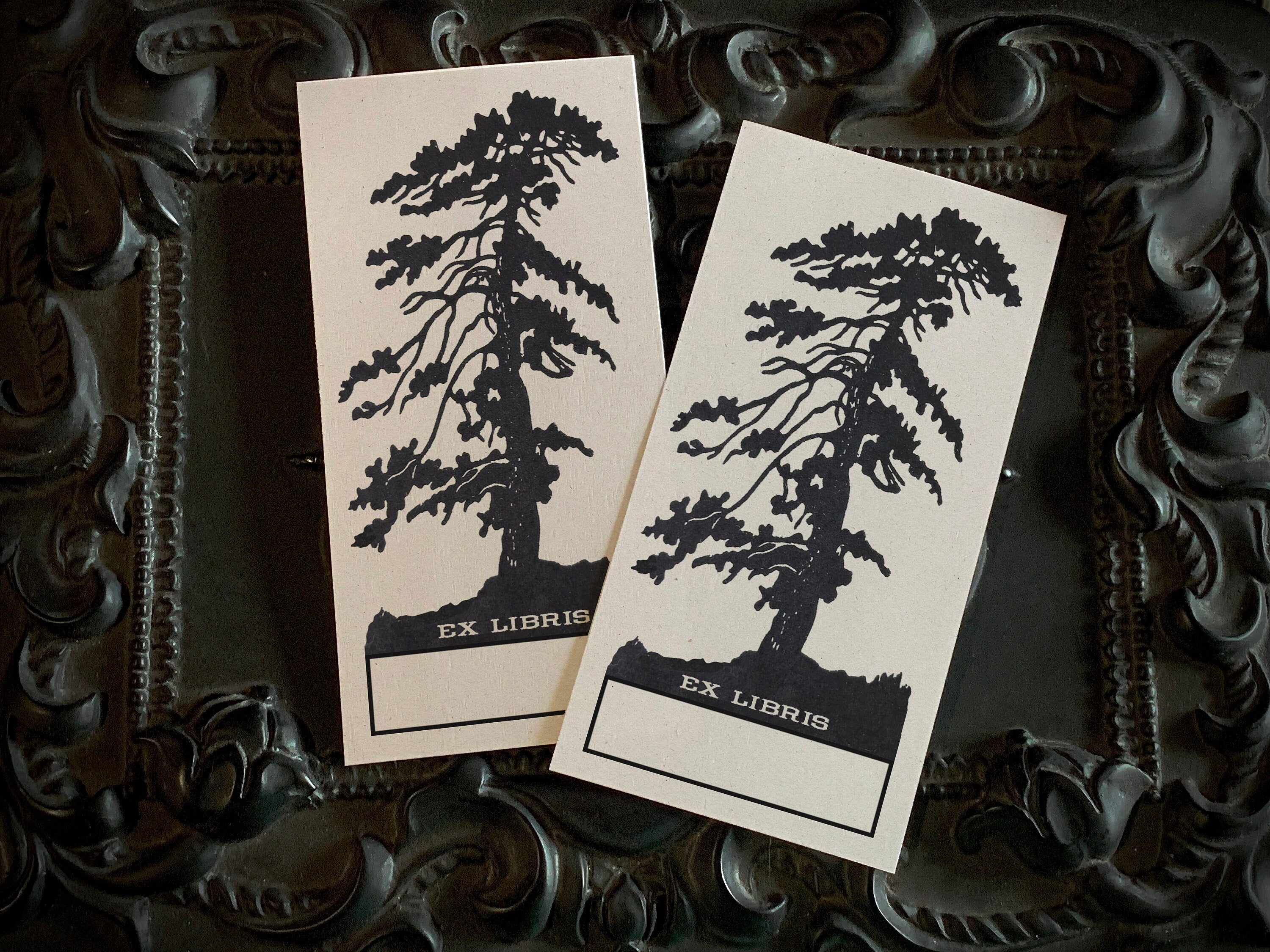 Windswept Pine, Personalized Ex-Libris Bookplates, Crafted on Traditional Gummed Paper, 4in x 2in, Set of 30