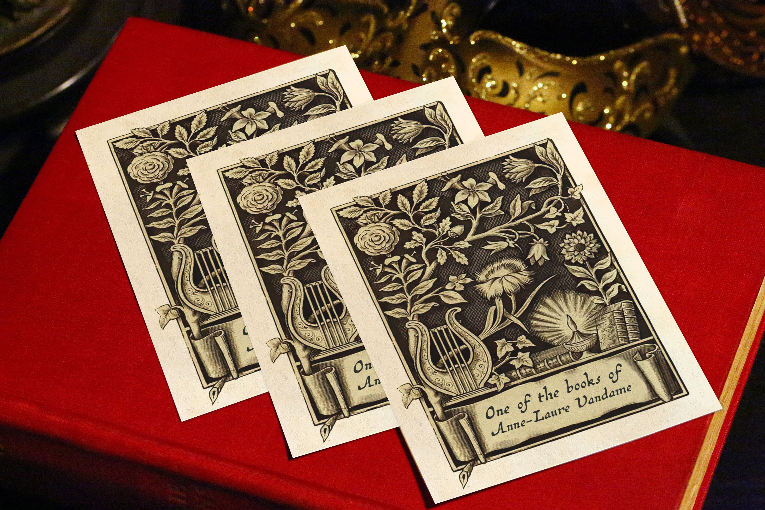 Rose and Lyre, Personalized Ex-Libris Bookplates, Crafted on Traditional Gummed Paper, 3in x 4in, Set of 30