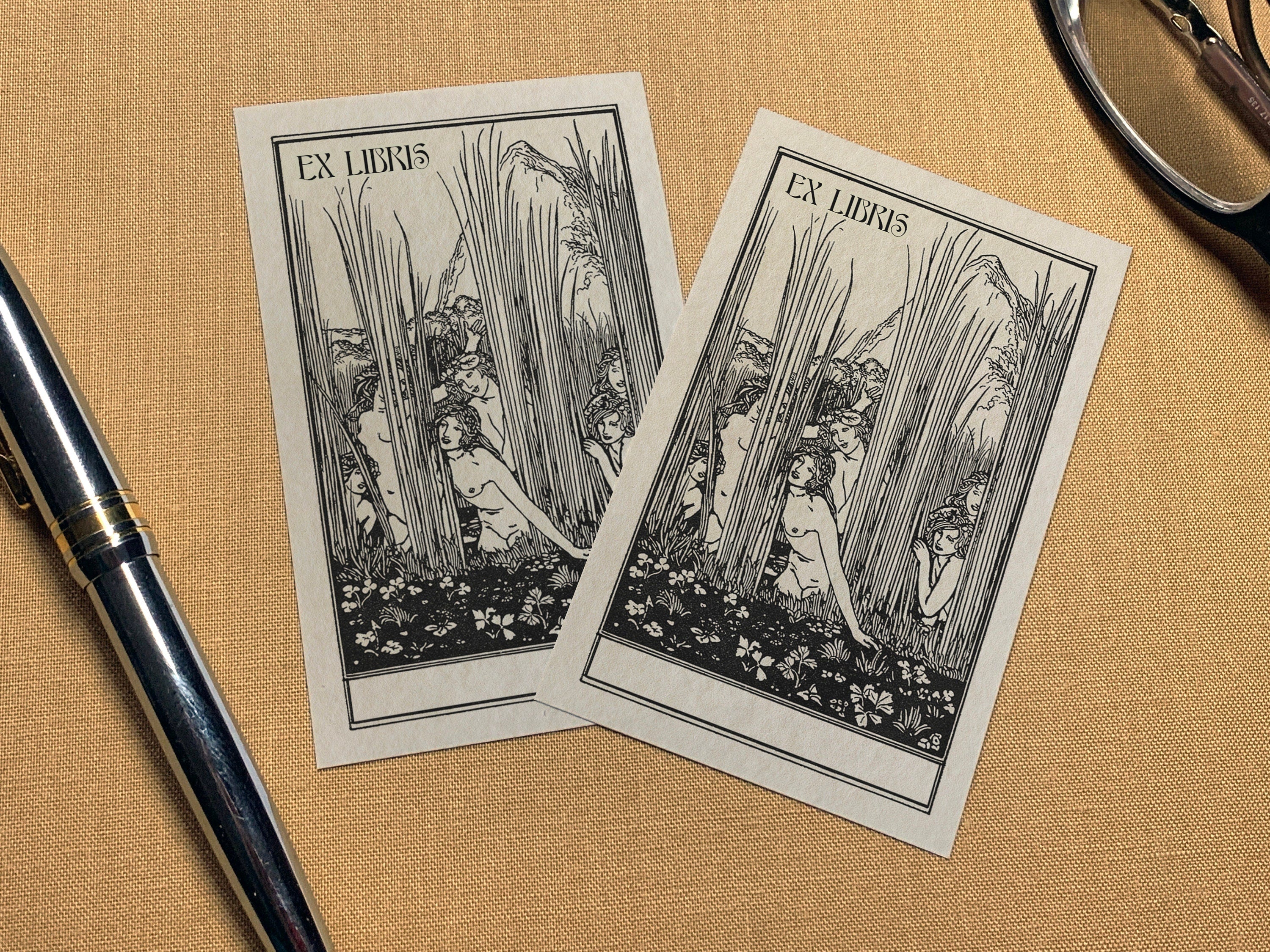 Nymphs Playing in the Reeds, Personalized Ex-Libris Bookplates, Crafted on Traditional Gummed Paper, 4in x 2.5in, Set of 30