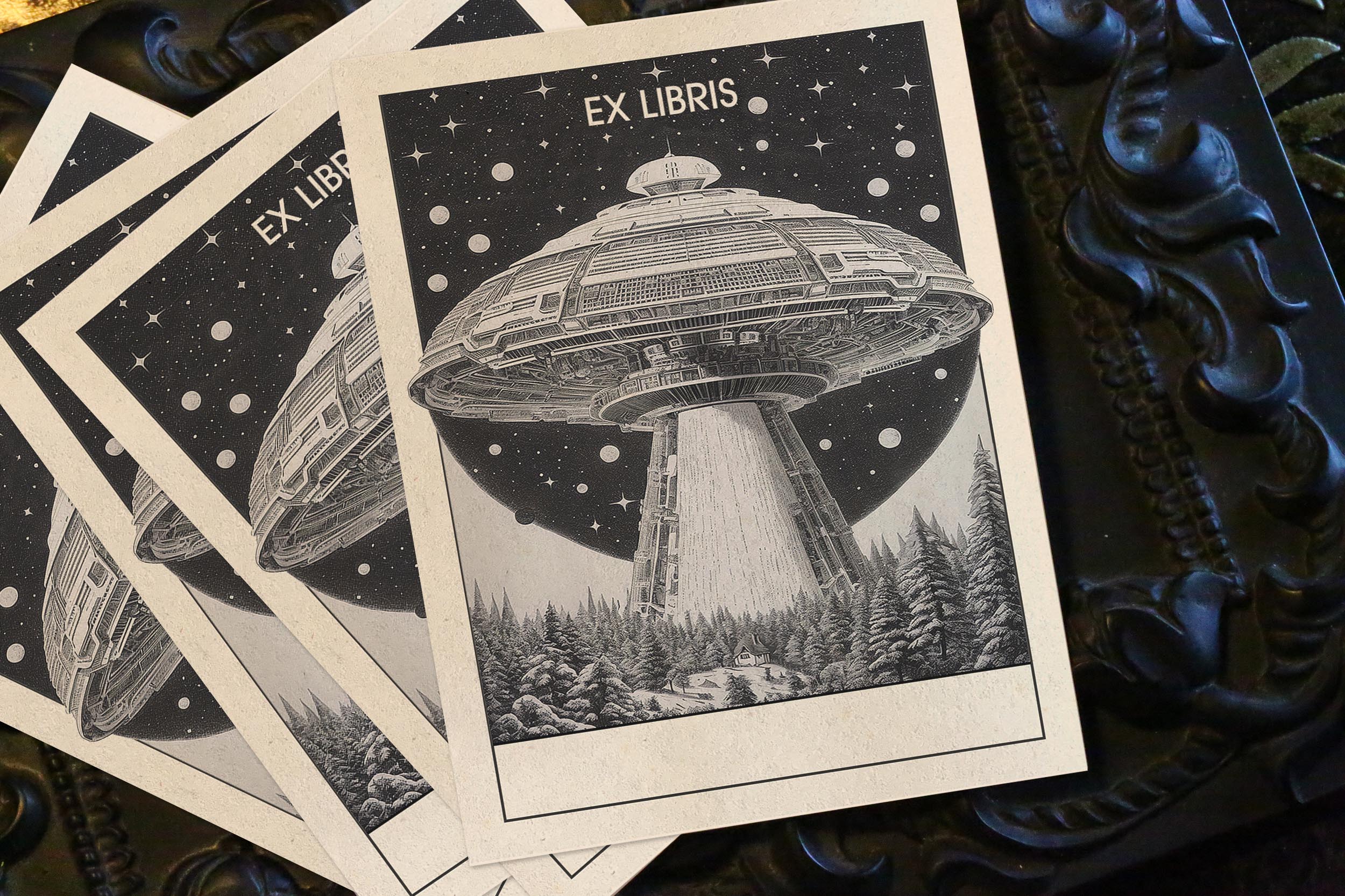We Are Not Alone, UFO Sci-fi Personalized Ex-Libris Bookplates, Crafted on Traditional Gummed Paper, 3in x 4in, Set of 30